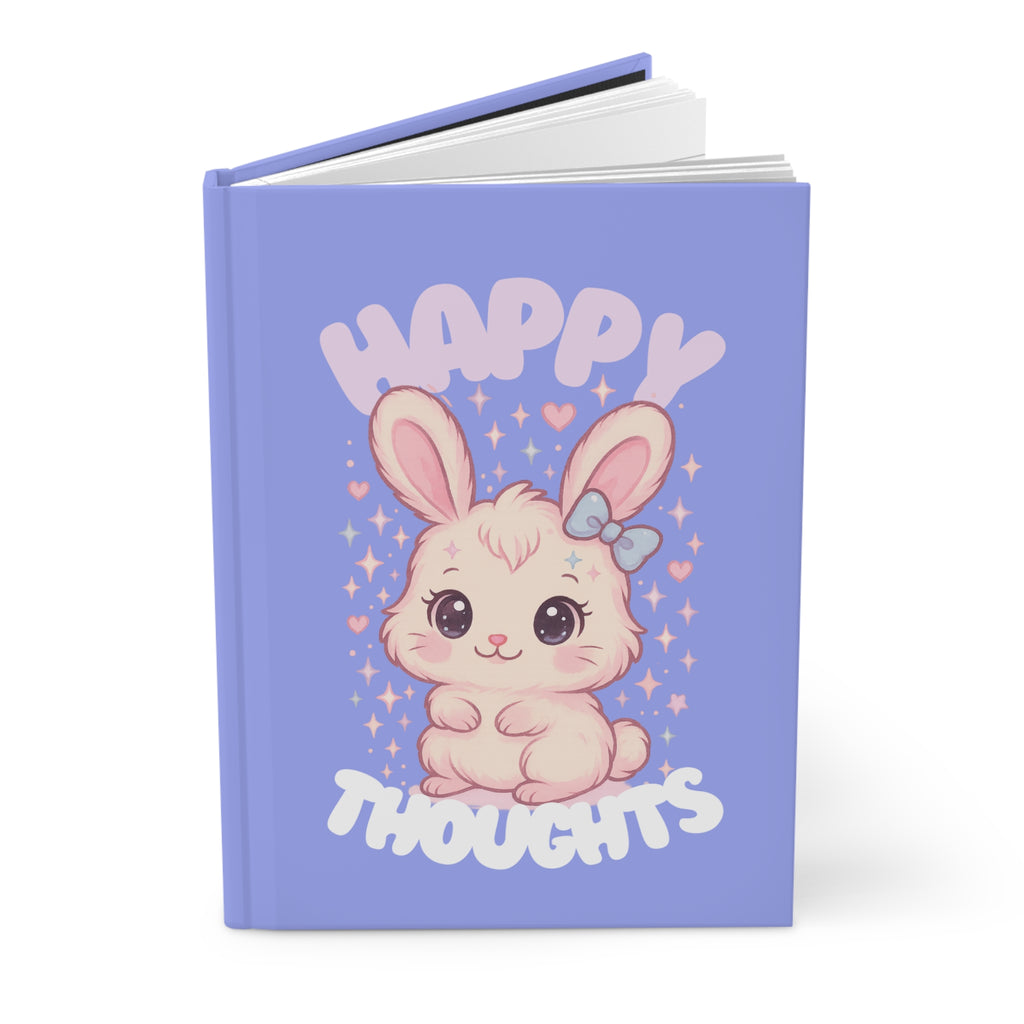 Happy Thoughts Hardcover Journal — Cute Blue-Bow Bunny with Sparkles
