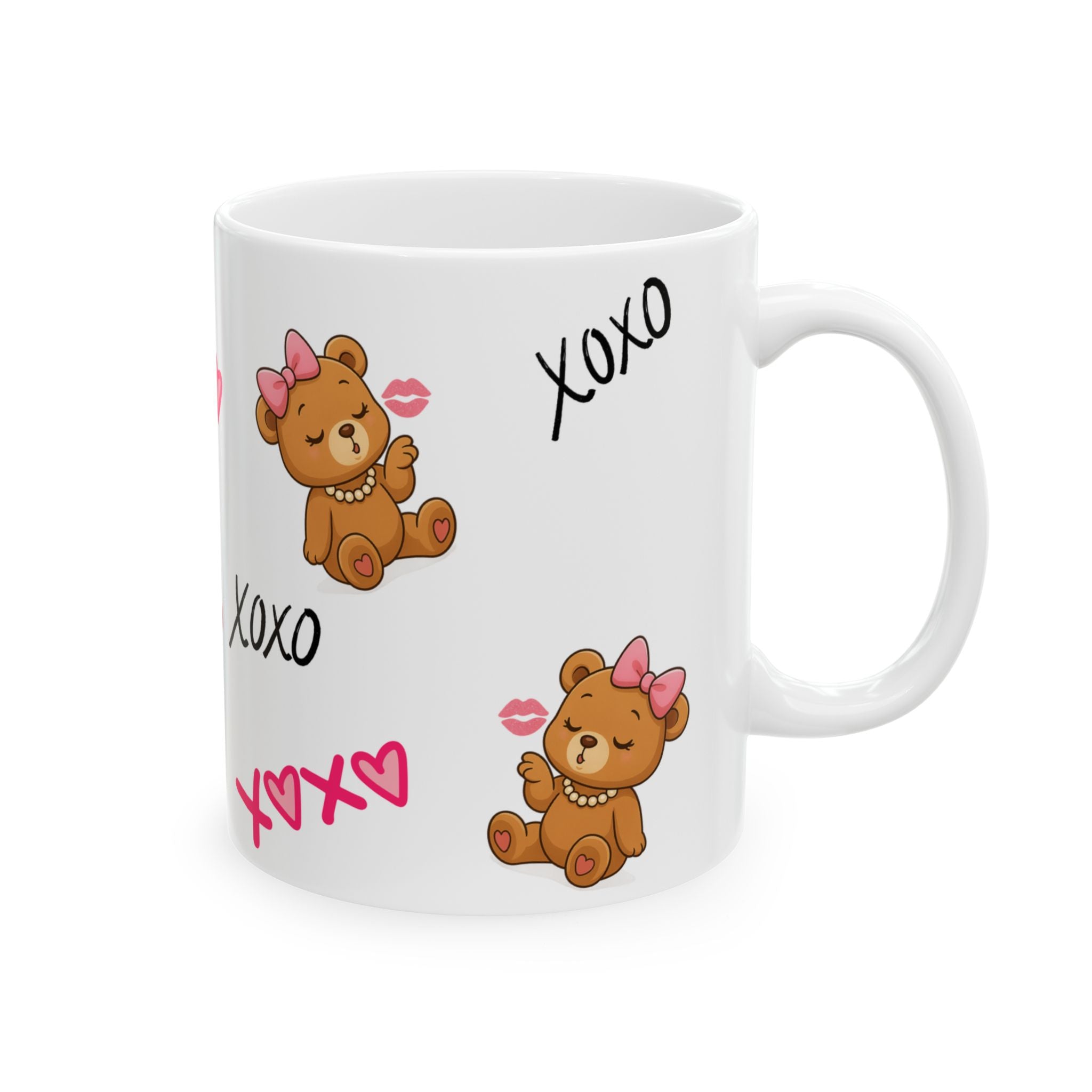 XOXO Teddy Kiss™ Pink Aesthetic Mug – Cute Brown Teddy Bear with Bow & Pearls | Girly Luxury Coffee Mug (11oz & 15oz)