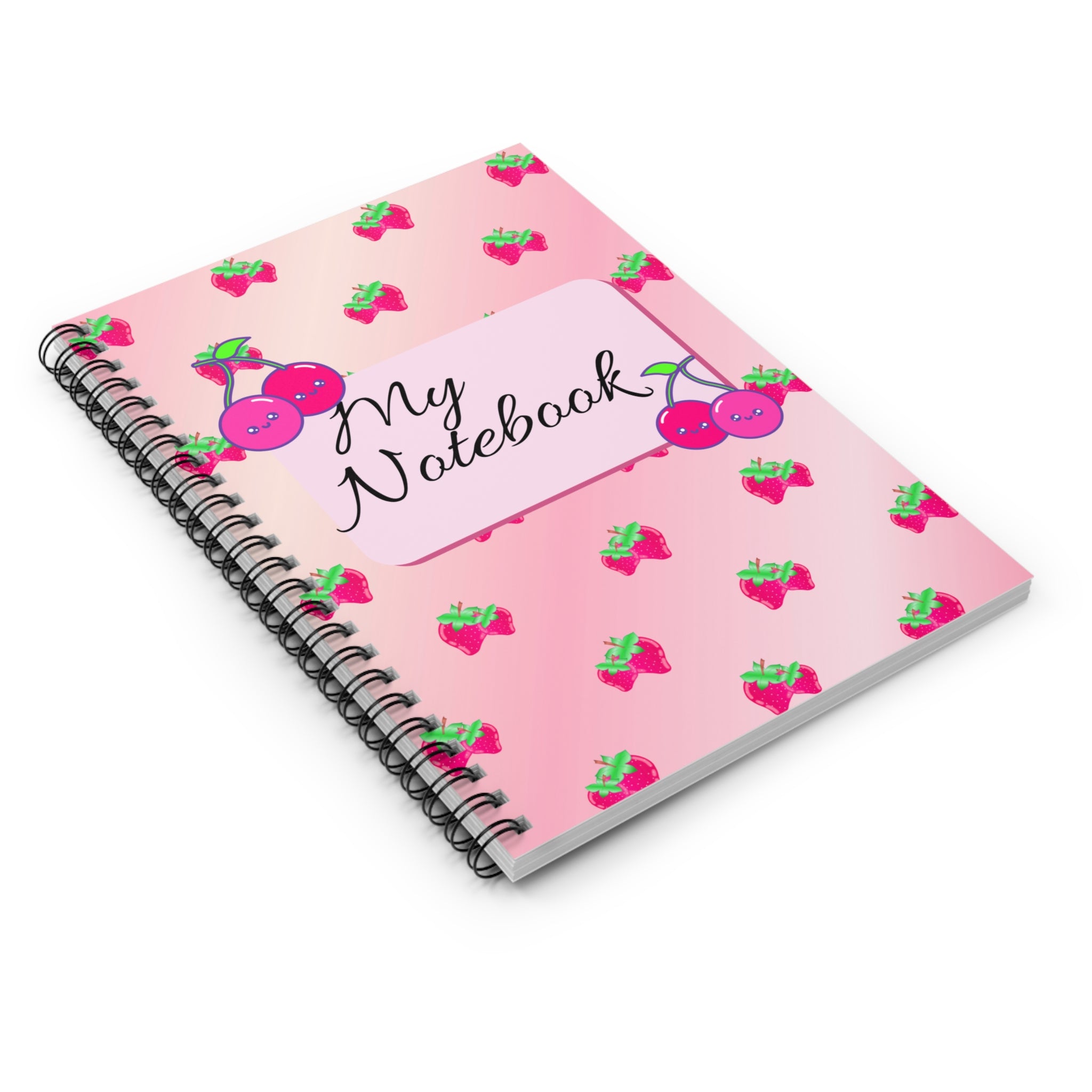 “Pink Strawberry Ombré Spiral Notebook – Cute Girly Journal with Cherry & Strawberry Patterns | 118 Pages”