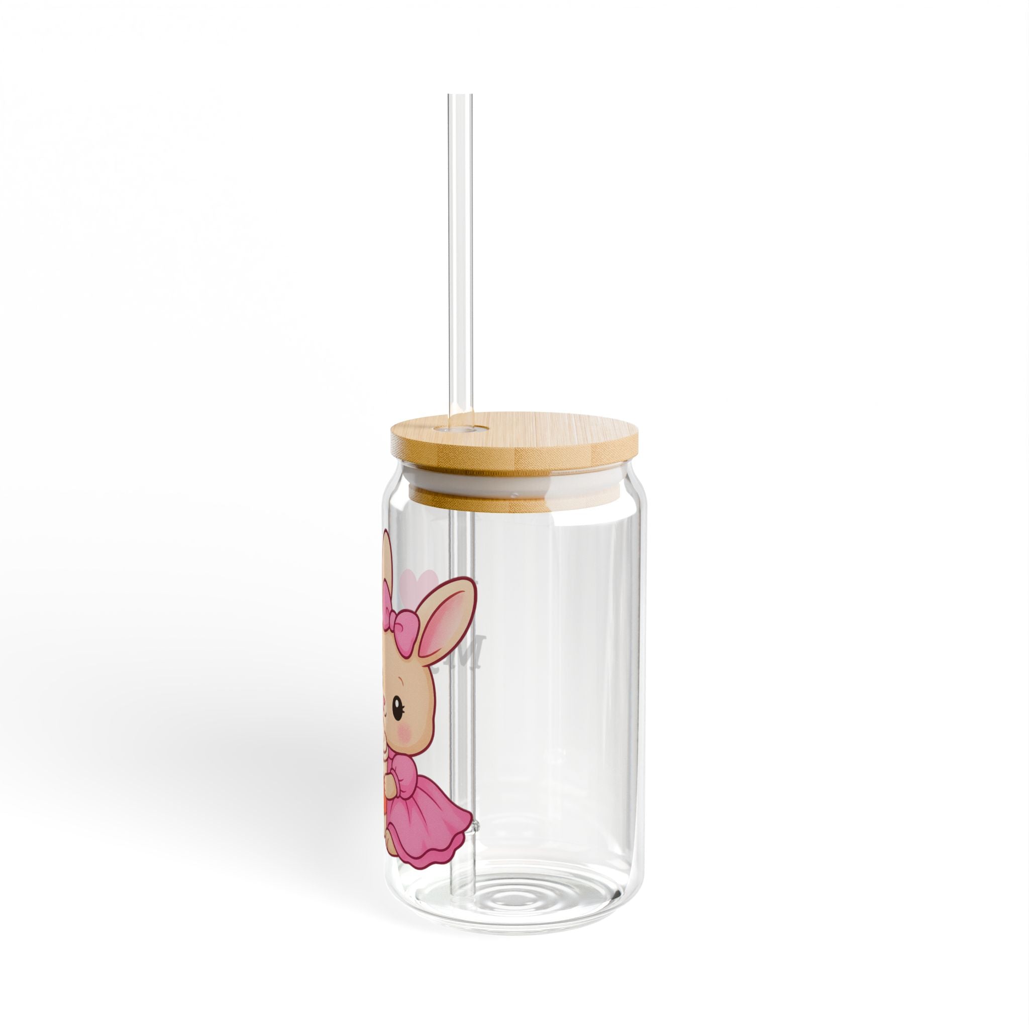 I (heart) Myself 16oz Clear Sipper Glass with Bamboo Lid & Tritan Straw – Cute Bunny with Pink Bow | Self-Love Aesthetic Girly Cup