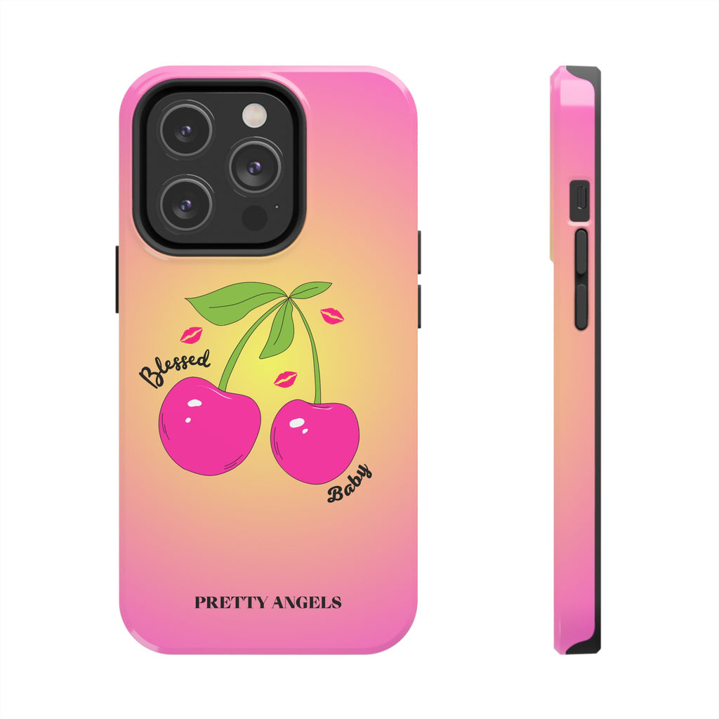 Blessed Baby Sunset Cherry Phone Case — Cute Hot Pink Cherry & Kisses