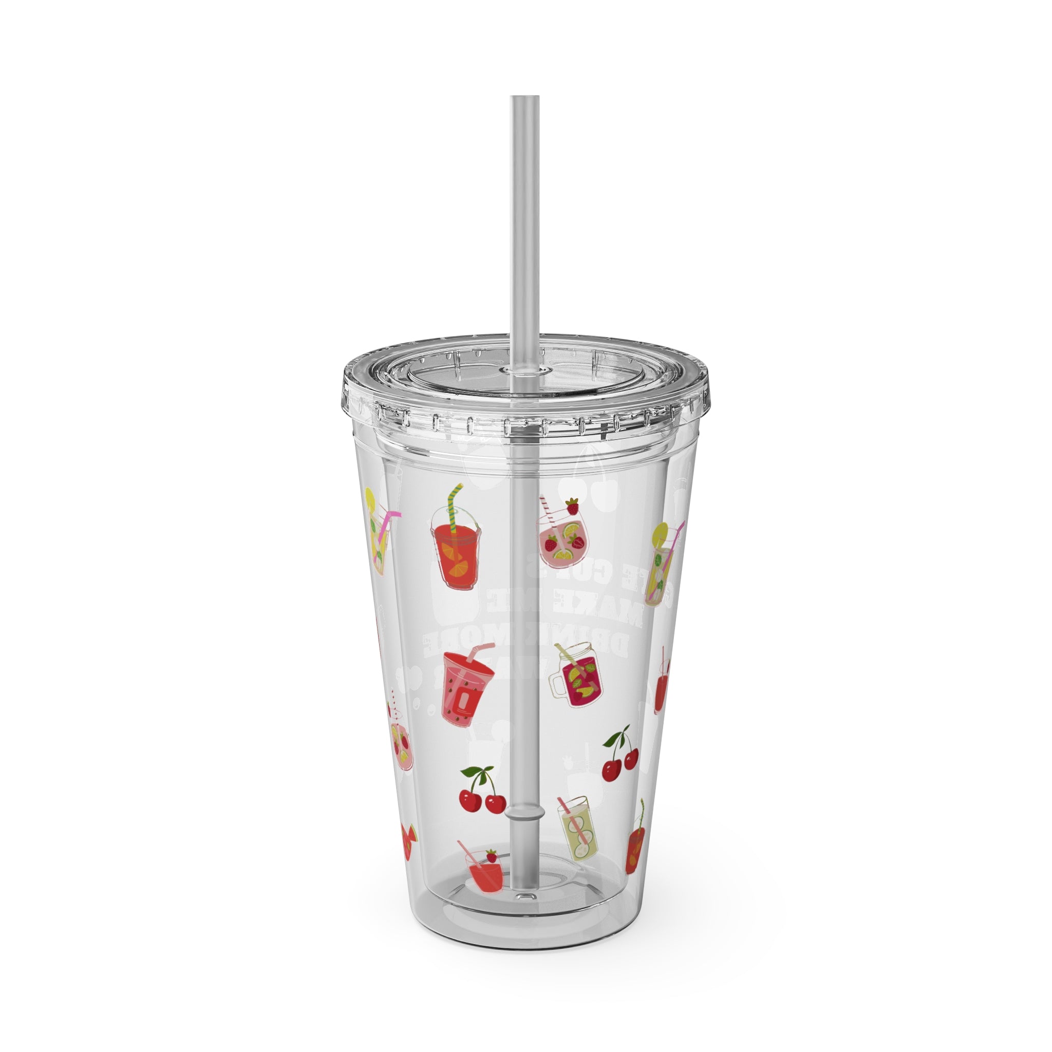 Clear “Cute Cups Make Me Drink More Water” Tumbler - 16oz Acrylic Cup with Lid & Straw | Aesthetic Lemonade, Cherry & Water Drink Patterns for Pretty Girls | Soft Girl Tumbler