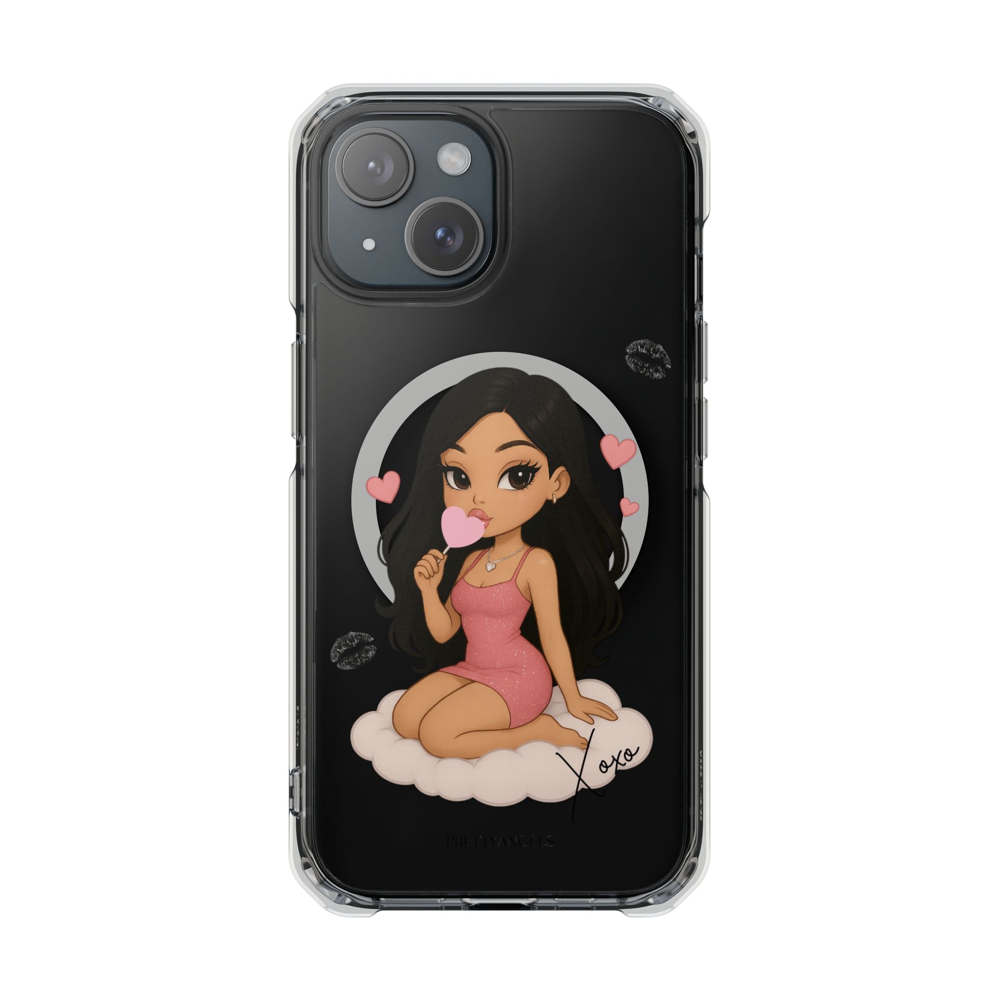 “Luxury Clear MagSafe iPhone Case – Bratz-Inspired Doll on Cloud with Pink Heart Lollipop | Elegant Air-Cushion Protection for Pretty Girls”