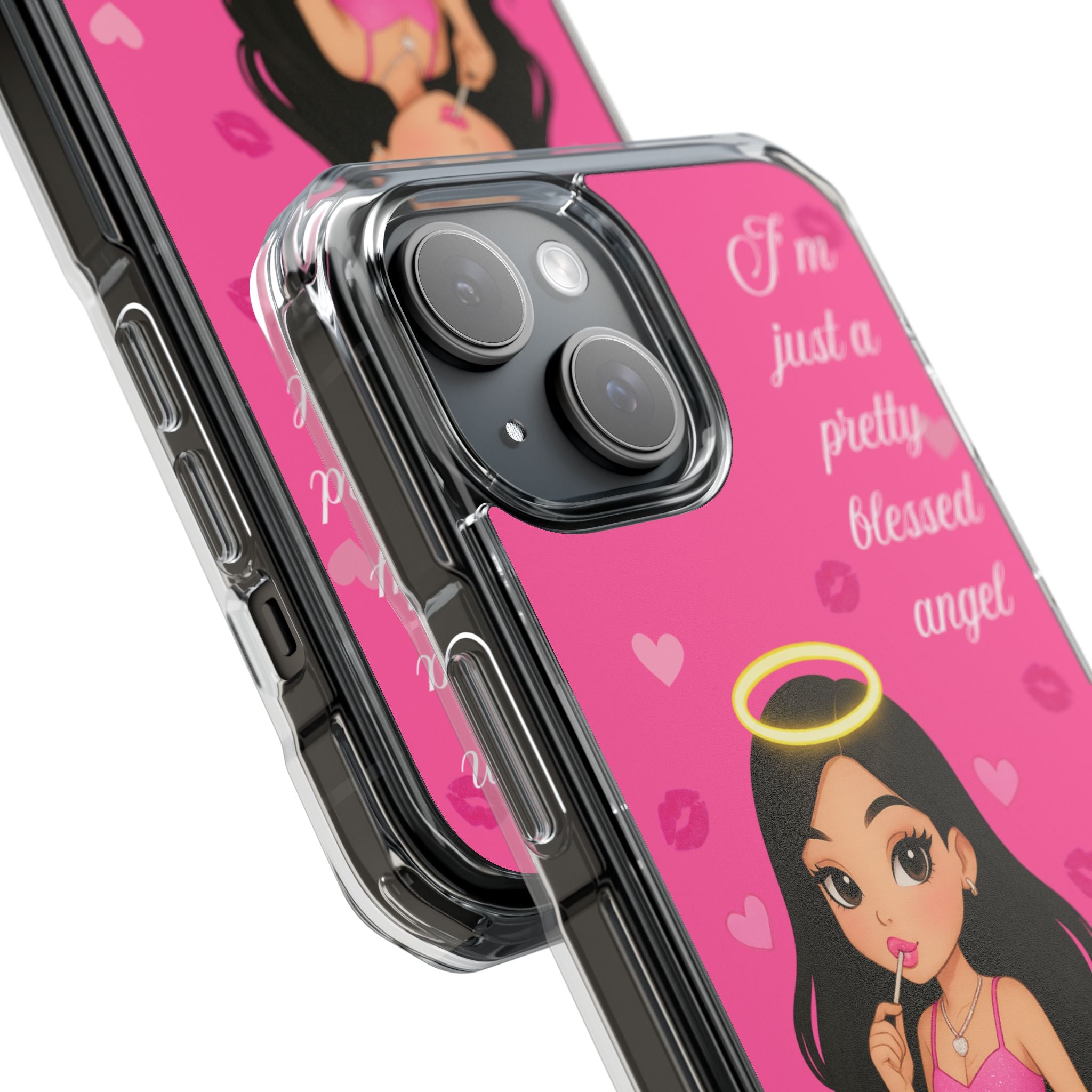 Pretty Blessed Angel MagSafe iPhone Case – Pink Baddie Doll on Cloud with Hearts & Lollipop | Shockproof Clear Cover