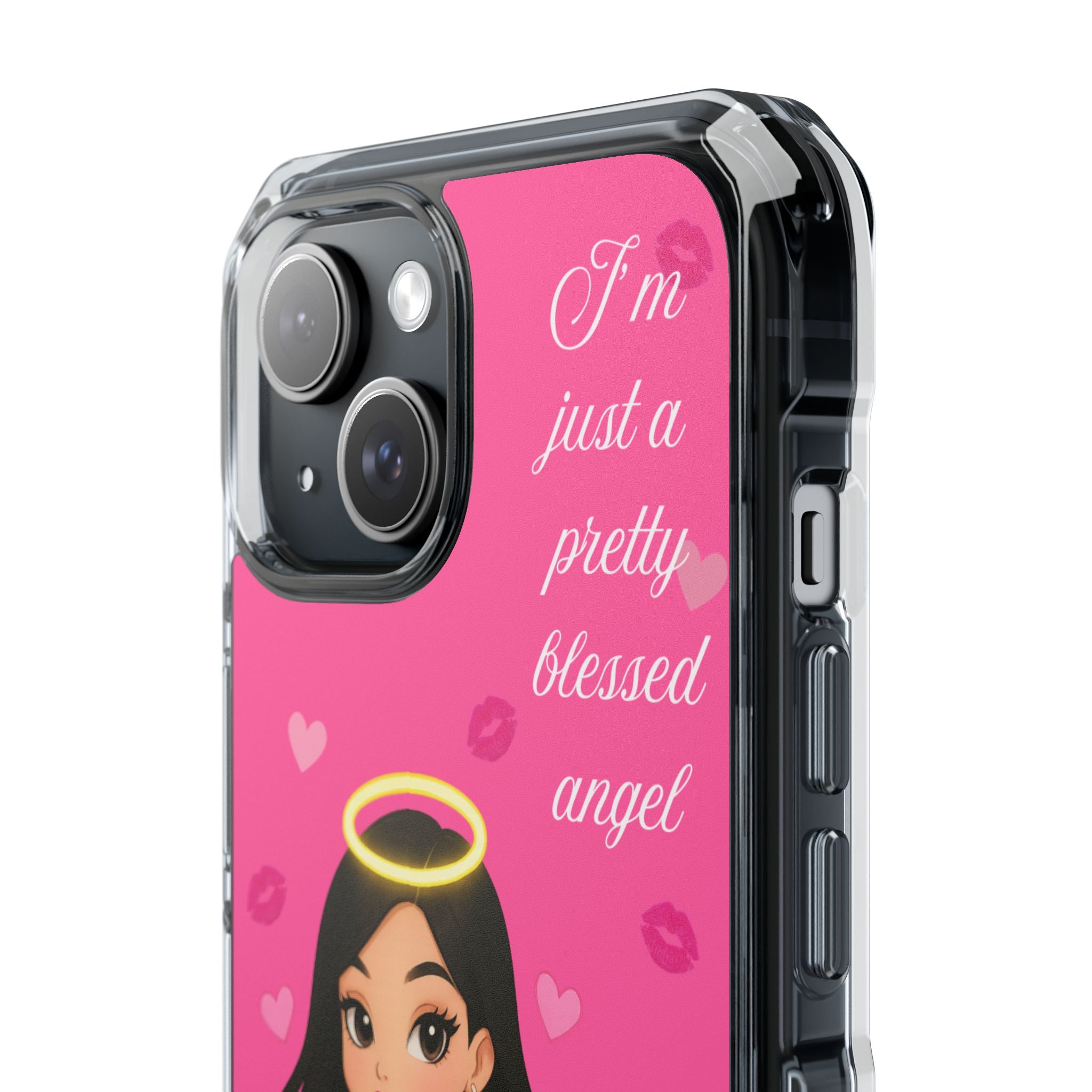 Pretty Blessed Angel MagSafe iPhone Case – Pink Baddie Doll on Cloud with Hearts & Lollipop | Shockproof Clear Cover