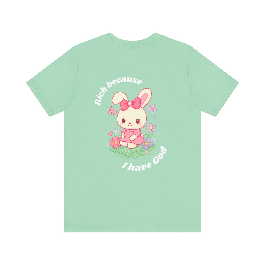 “Rich Because I Have God” Oversized (Back) Bunny Graphic Tee – Luxury Baggy T-Shirt (Black, Heather Mint, Turquoise, Pink)