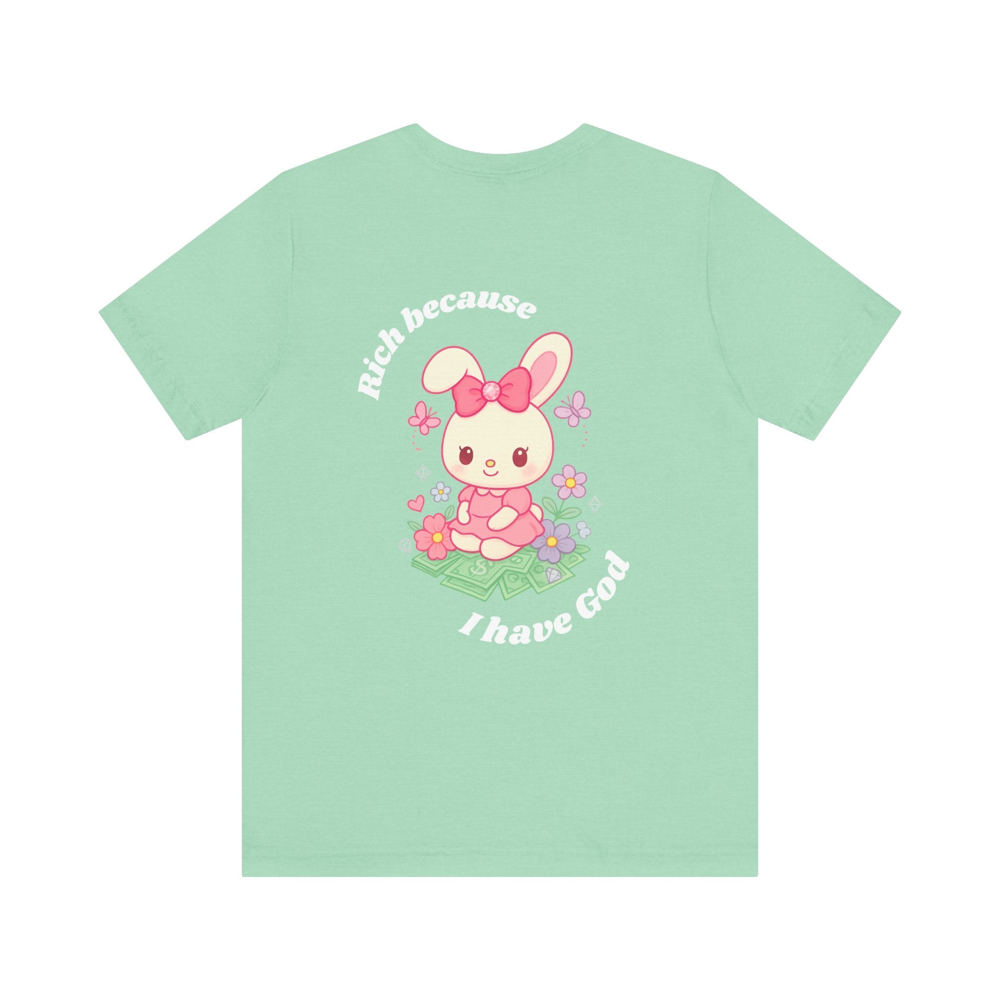 “Rich Because I Have God” Oversized (Back) Bunny Graphic Tee – Luxury Baggy T-Shirt (Black, Heather Mint, Turquoise, Pink)