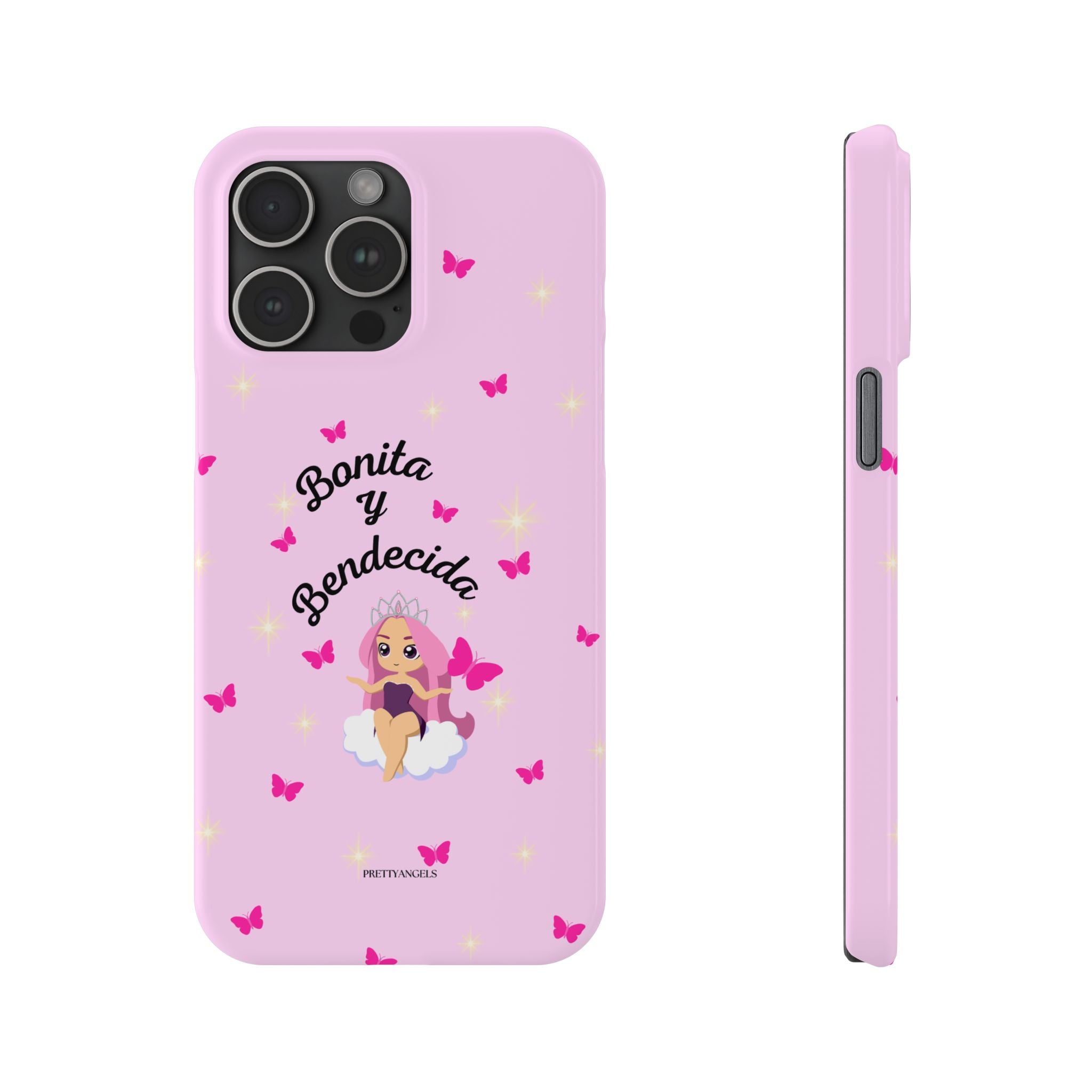 “Bonita y Bendecida Funda Rosa - Estuche Slim Protector con Muñeca Estilo Lisa Frank, Nubes y Mariposas Rosas”