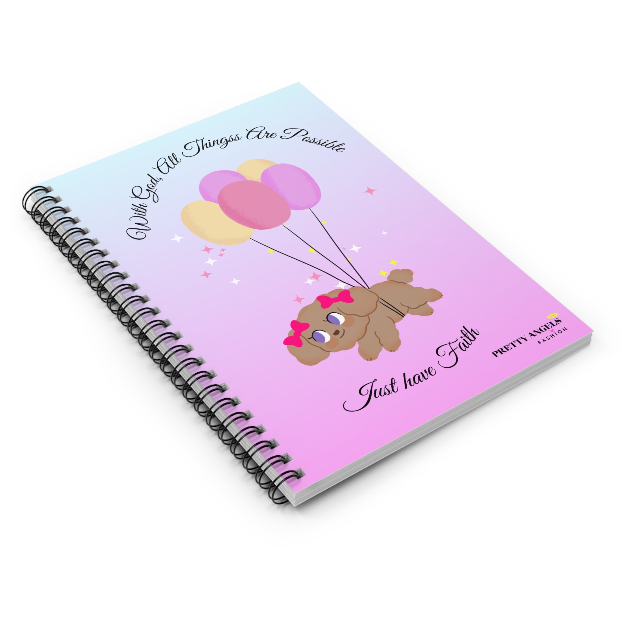 “Cute Puppy Faith Notebook – Ombré Blue & Purple Spiral Journal with Balloons & Bible Verse, 118 Pages, Pocket Inside”