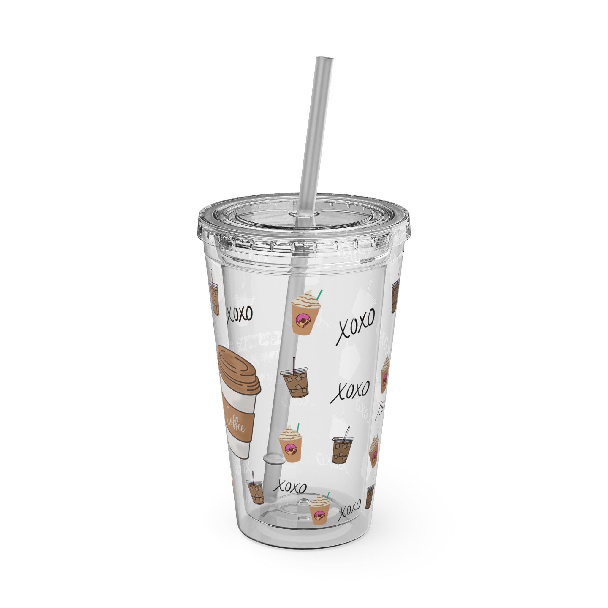 “Cute Cups Make Me Drink More” Clear Acrylic Coffee Tumbler - 16oz with Pink Donut, Caramel Frappe & XOXO Patterns | Aesthetic Iced Coffee Cup for Girly Baddies | Starbucks aesthetic coffee cup