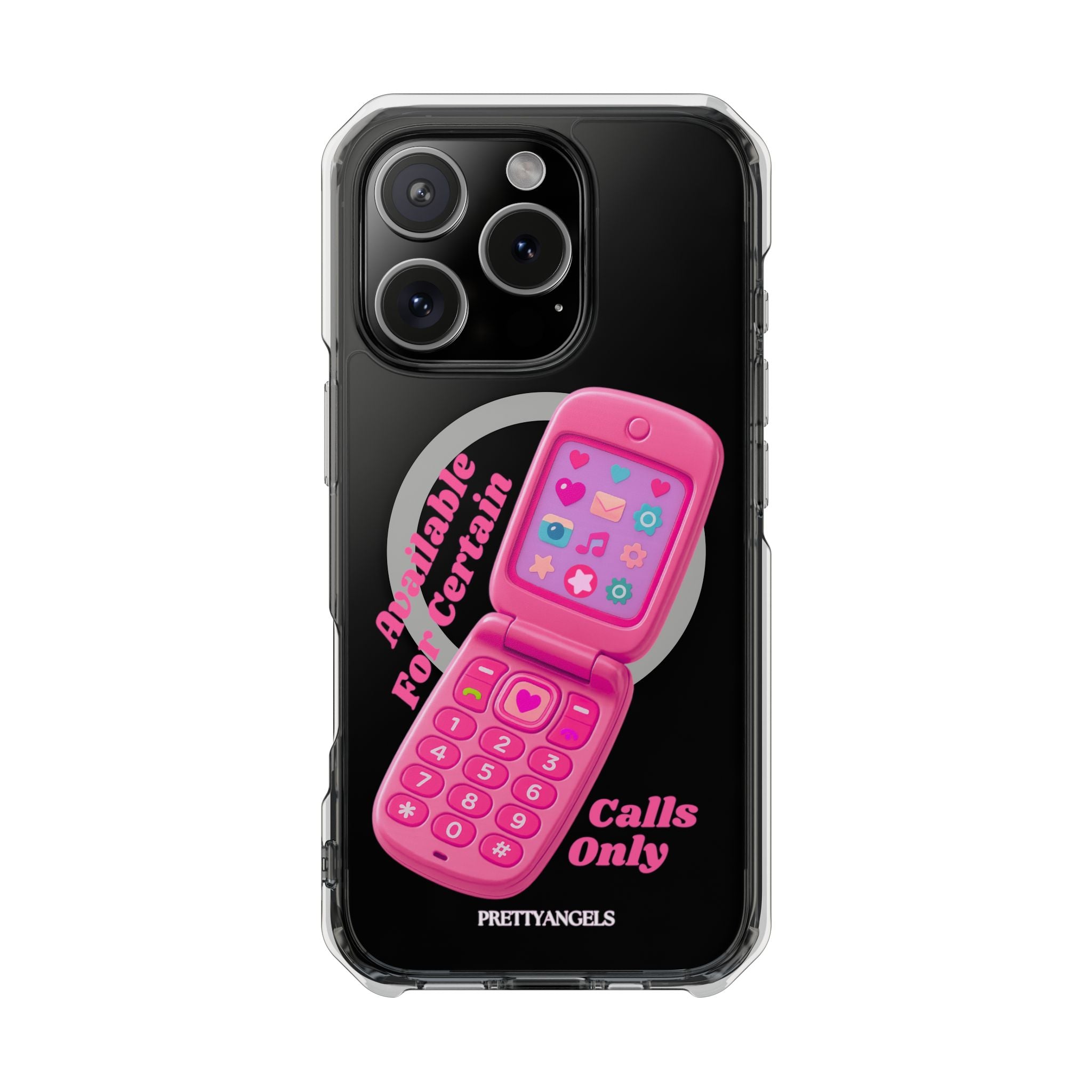 Pink Flip Phone MagSafe Clear Luxe iPhone Case – Barbie Baddie Vibes “Available for Certain Calls Only” Retro Girly Case