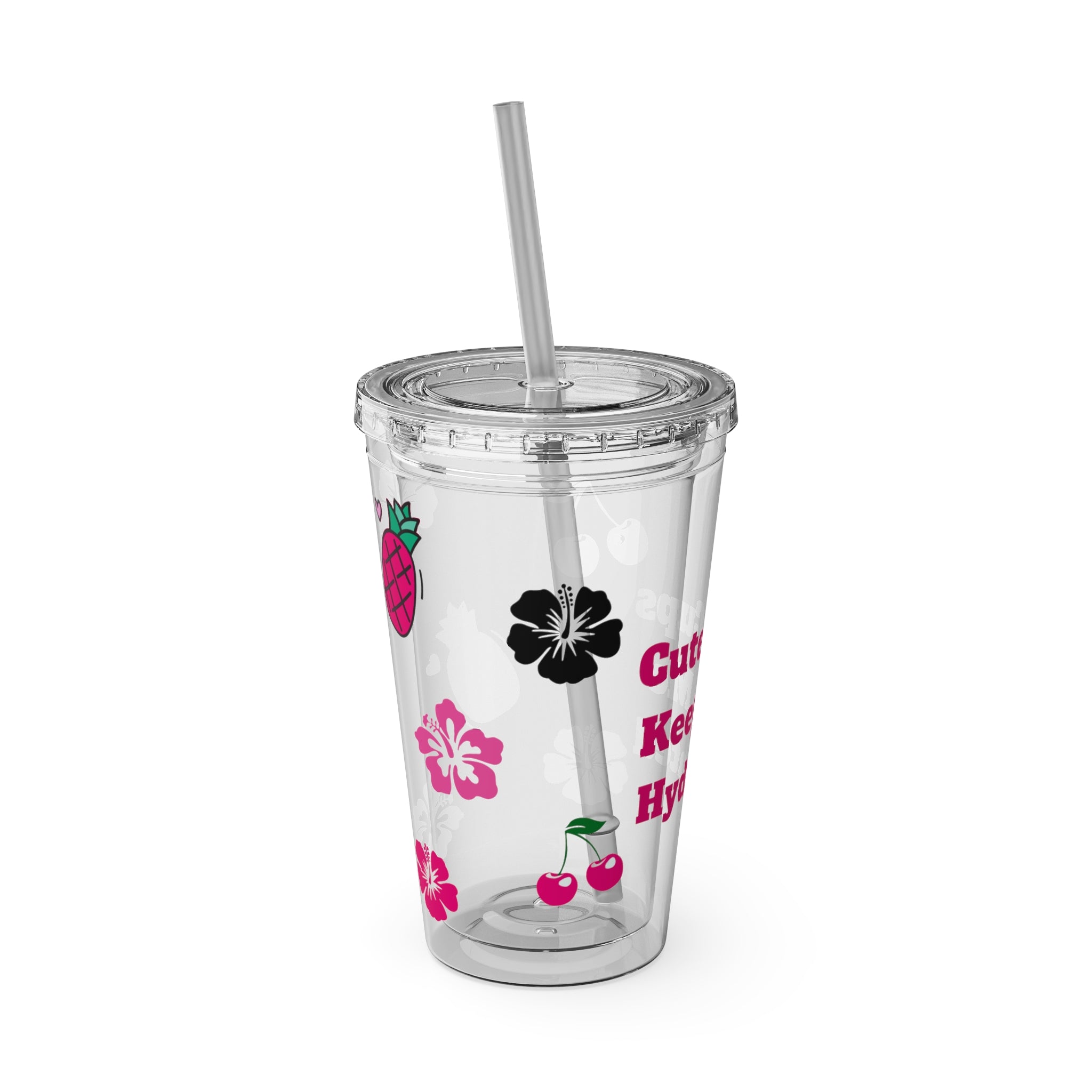 Clear Barbie Baddie Tumbler - 16oz Acrylic Cup with Lid & Flexible Straw | “Cute Cups Keep Me Hydrated” with Hot Pink Cherries, Hibiscus & Pineapples