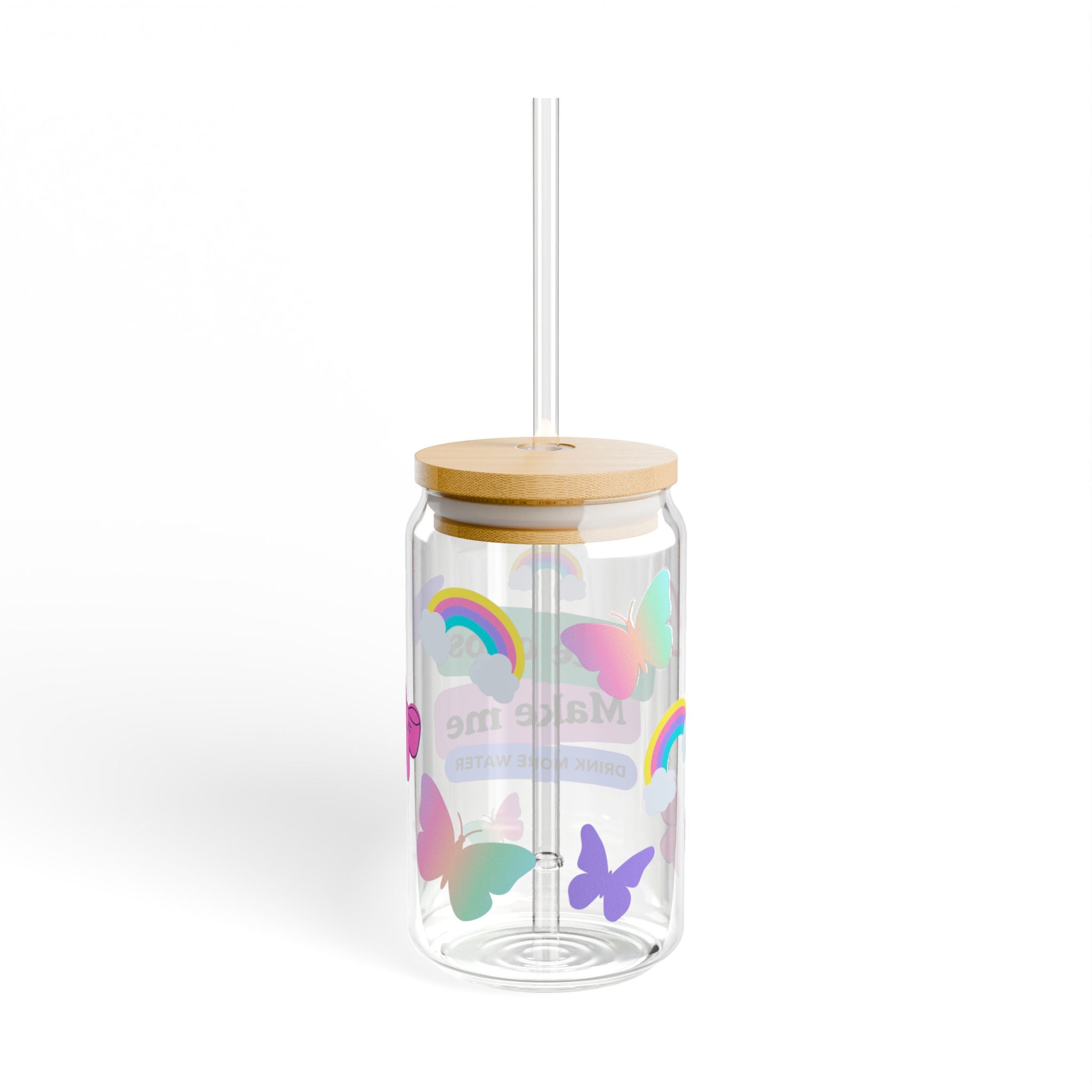 Pastel Aesthetic Clear Cup with Bamboo Lid & Tritan Straw – Cute Butterfly & Rainbow Hydration Tumbler 16oz
