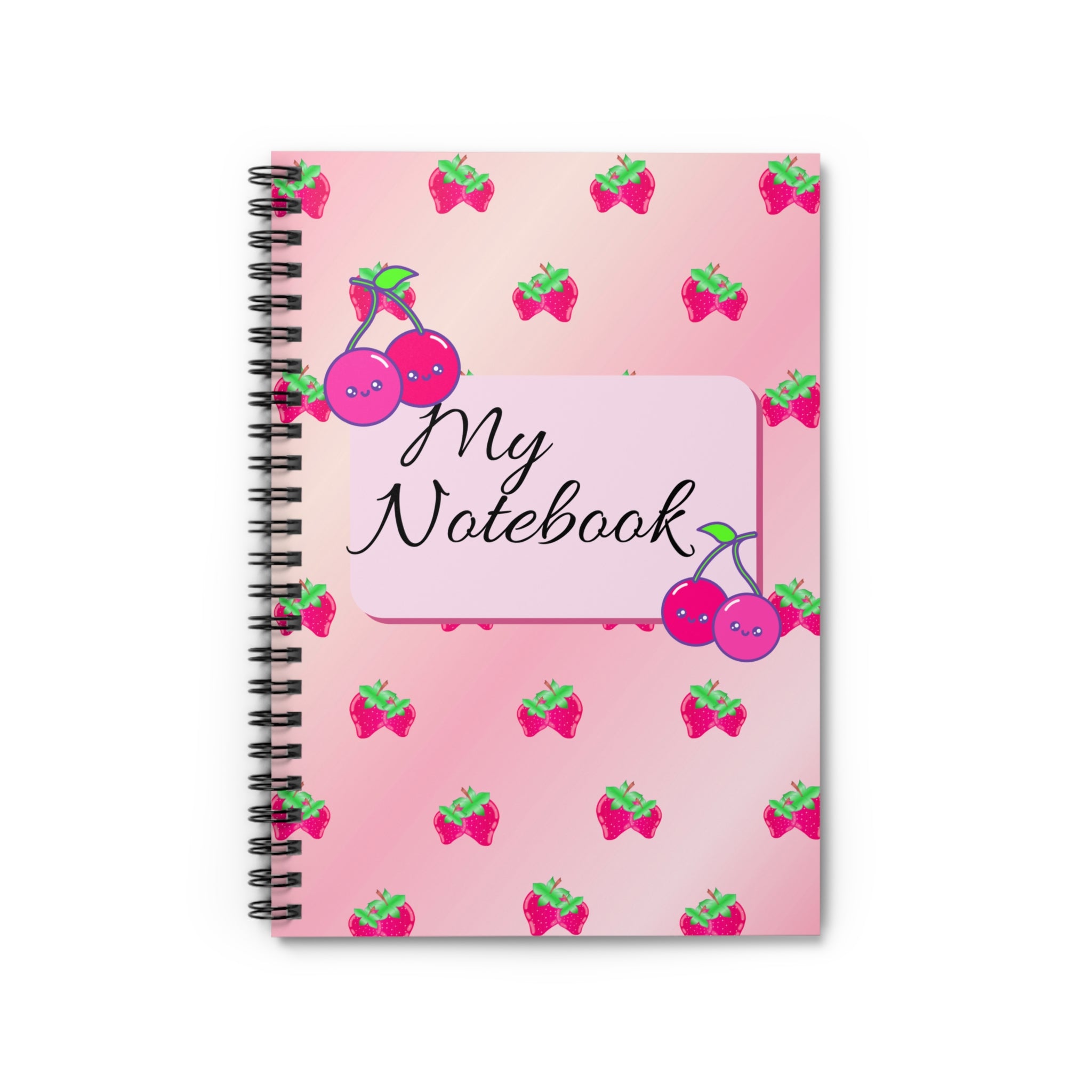 “Pink Strawberry Ombré Spiral Notebook – Cute Girly Journal with Cherry & Strawberry Patterns | 118 Pages”