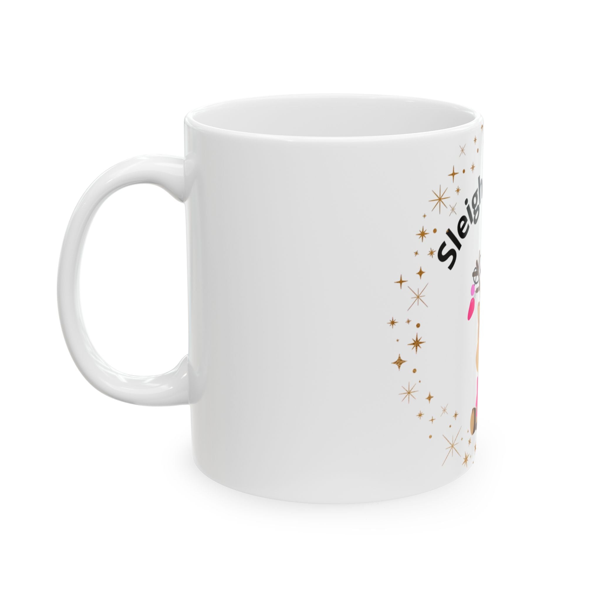 “Sleigh ALL Day” Pink Reindeer Mug - Cute Girly Christmas Mug with Bow, Lights & Pink Nose - Viral Winter Coffee Mug for Baddie Girls, Holiday Gift for Girls, Cute Coffee Cup, Girly Winter Decor, Girly Christmas Present, That Girl Kitchenware