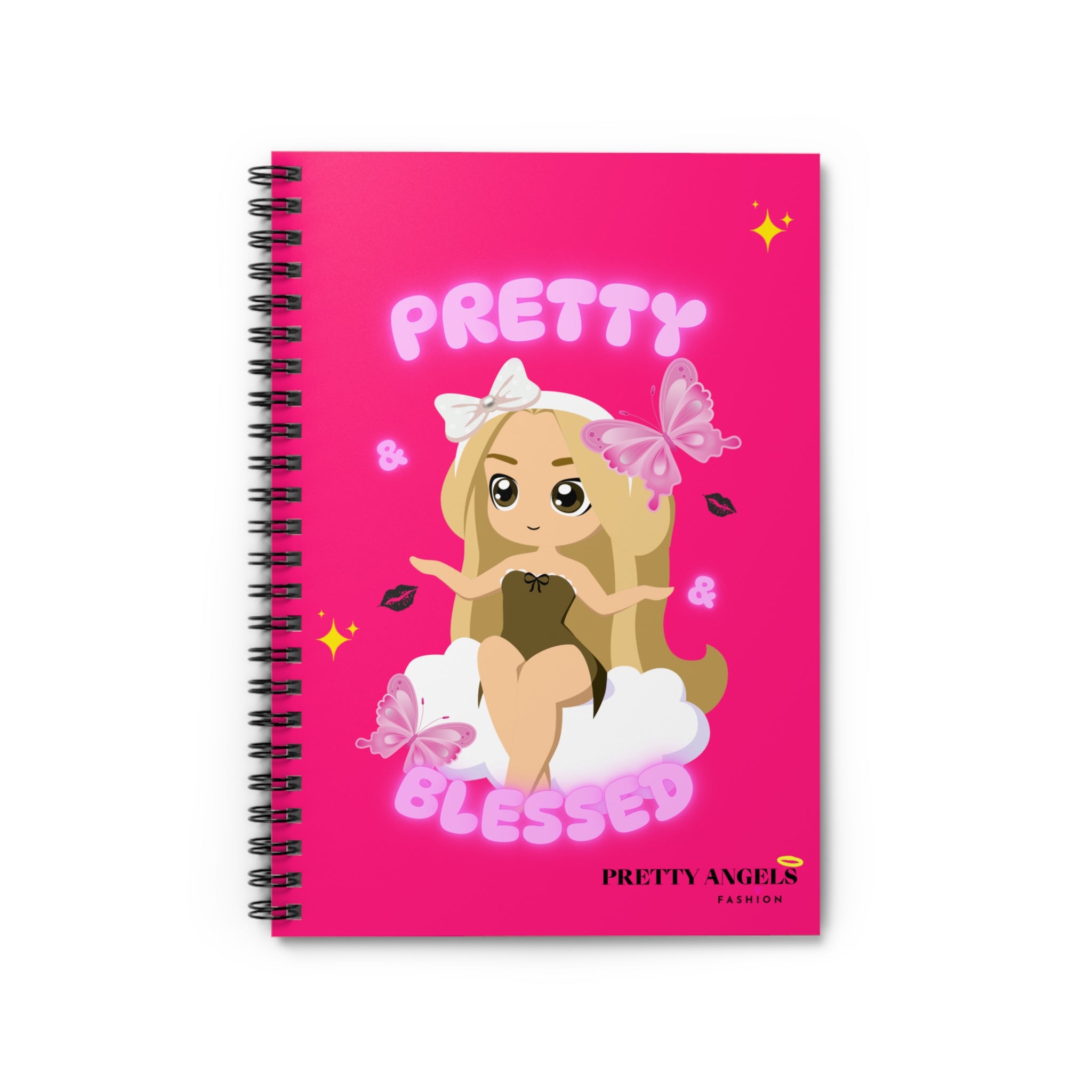 “Hot Pink Kawaii Notebook – Pretty & Blessed Blonde Doll Journal with Clouds, Butterflies & Kiss Prints | Lisa Frank Inspired Aesthetic Spiral Notebook (6x8, 118 Pages)”