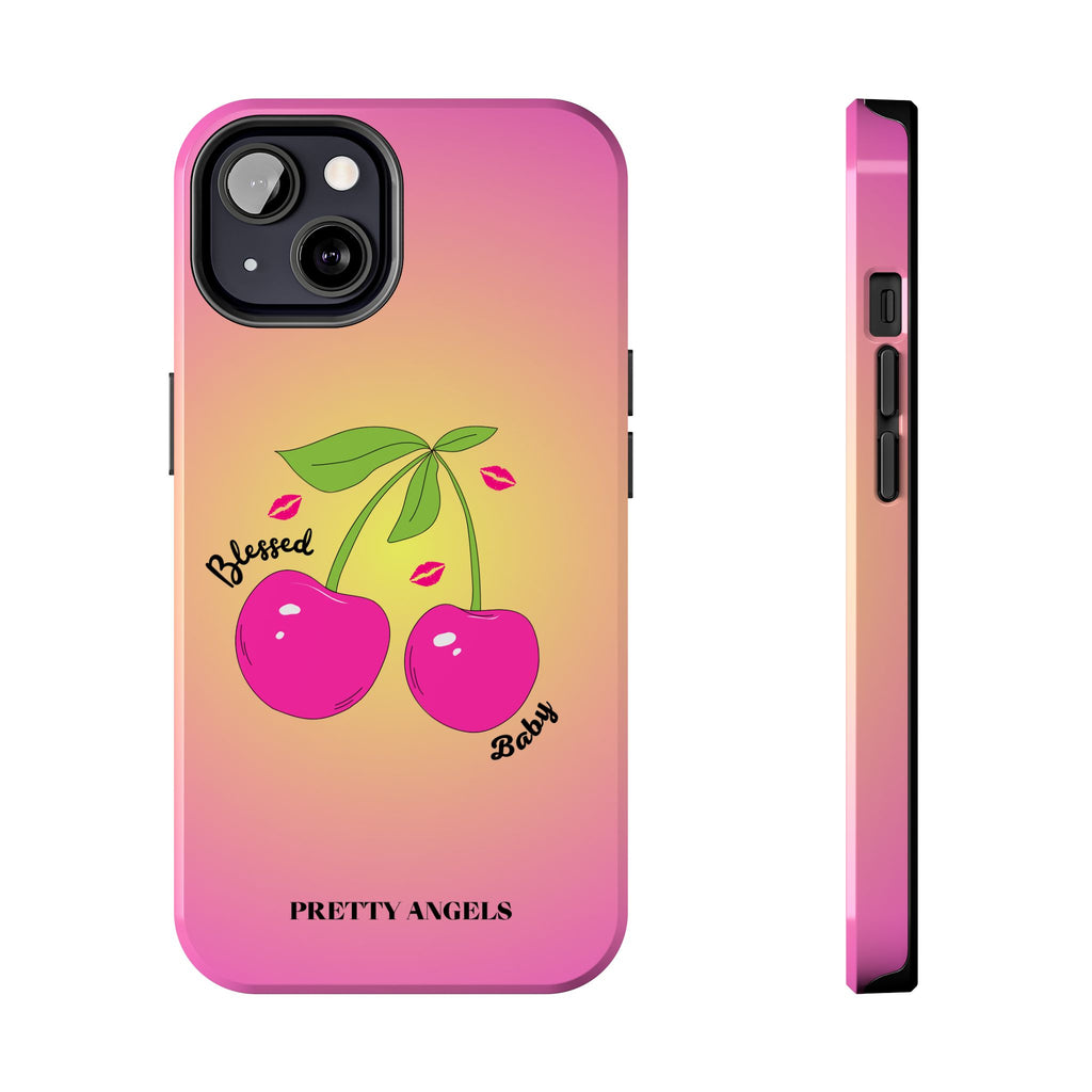 Blessed Baby Sunset Cherry Phone Case — Cute Hot Pink Cherry & Kisses