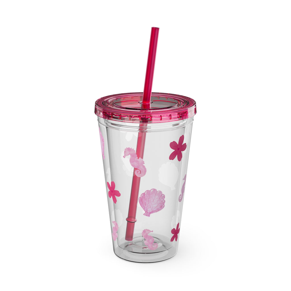 Pink Dream Clear Tumbler – 16oz Acrylic Cup with Flexible Straw – Aesthetic Reusable Tumbler for Iced Drinks, Rich Girls & Summer Baddies