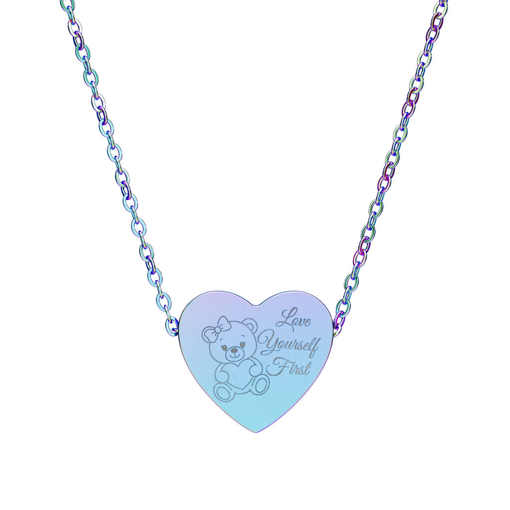 Love Yourself First Heart Necklace – Engraved Teddy Bear Pendant for Girls | Rose Gold & Silver Minimal Necklace | Cute Aesthetic Self-Love Jewelry Gift