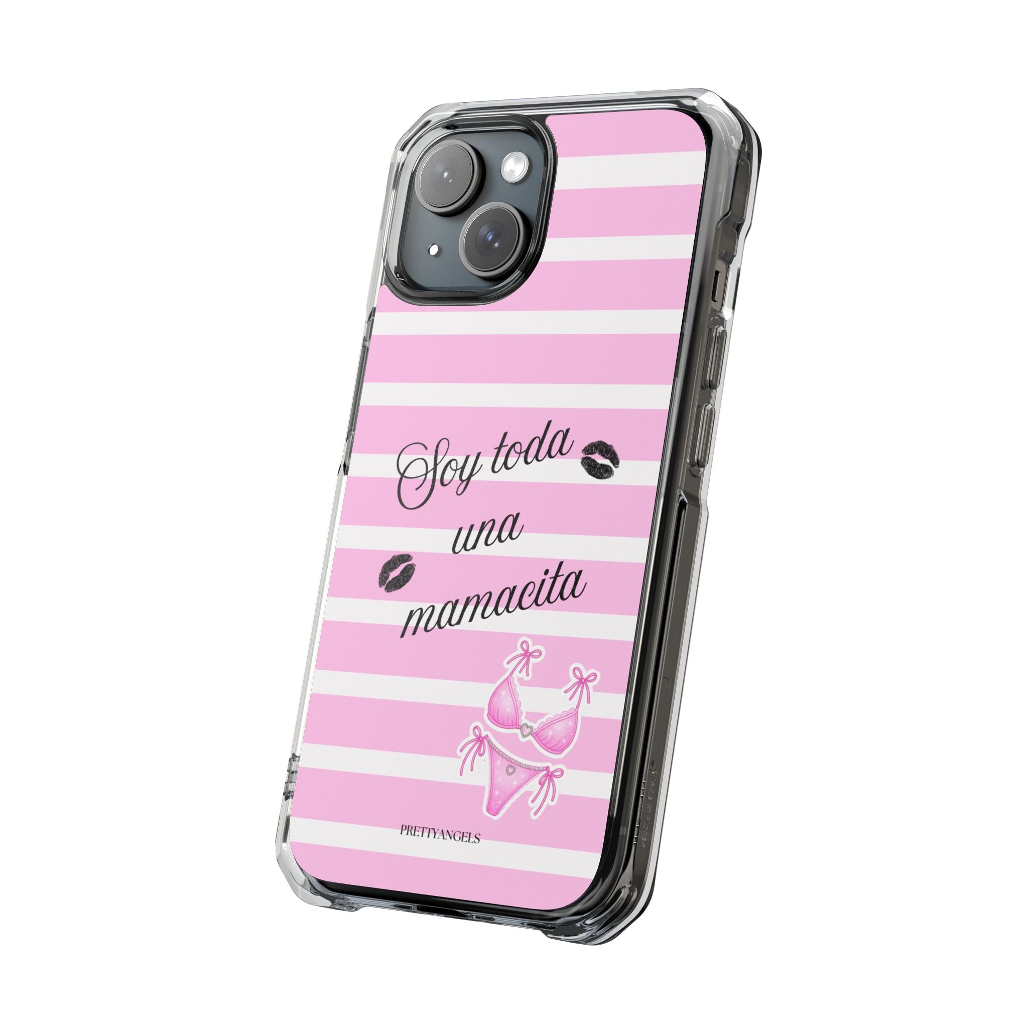 “Soy Toda Una Mamacita” MagSafe Clear Phone Case - Pink & White Striped | Latina Baddie Magnetic Impact Cover