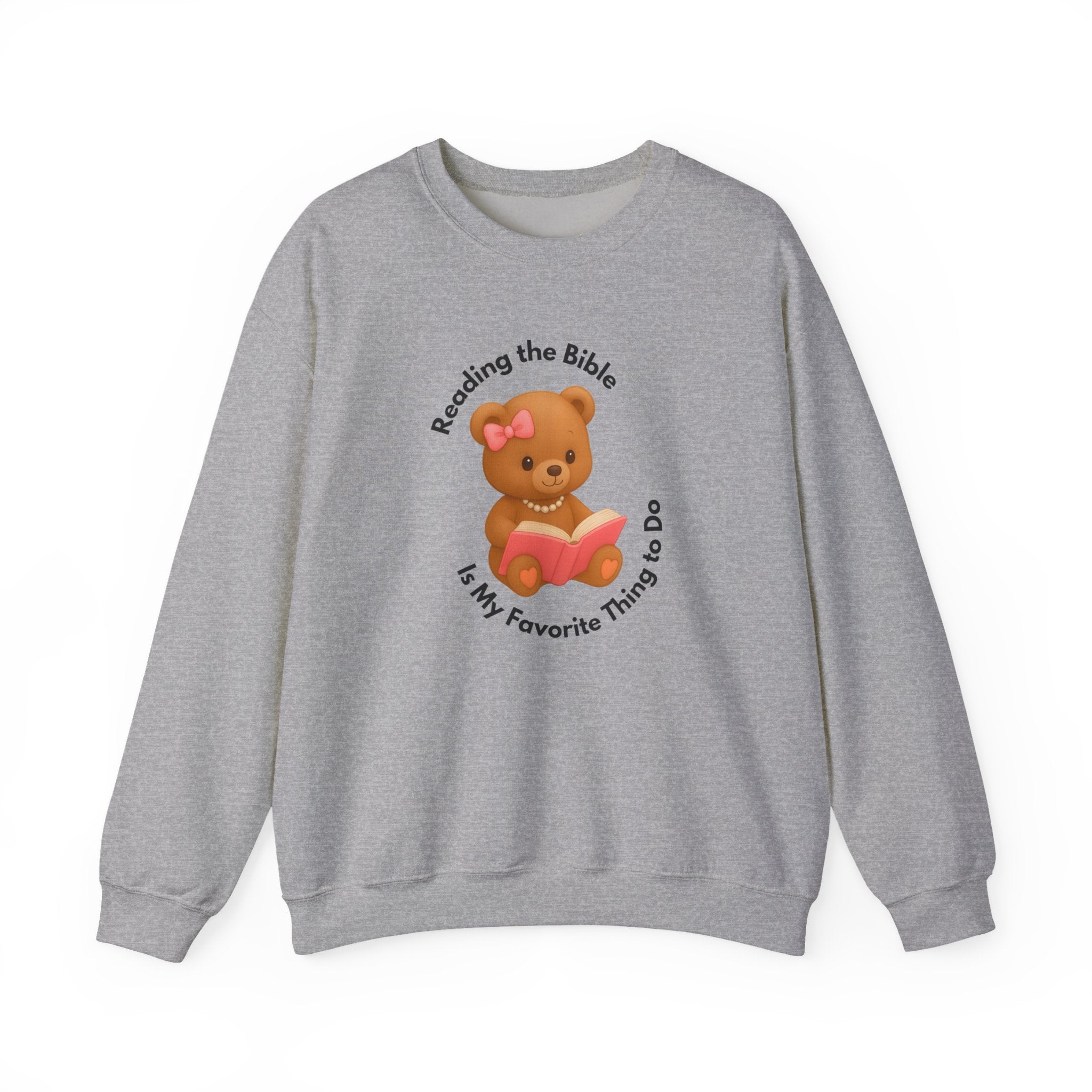 “Reading the Bible Is My Favorite Thing to Do” Teddy Bear Sweatshirt – Cute Girly Sweater in White, Ash, Sand, Sport Grey & Light Pink | Cozy Faith Aesthetic | Blessed Girl Gift