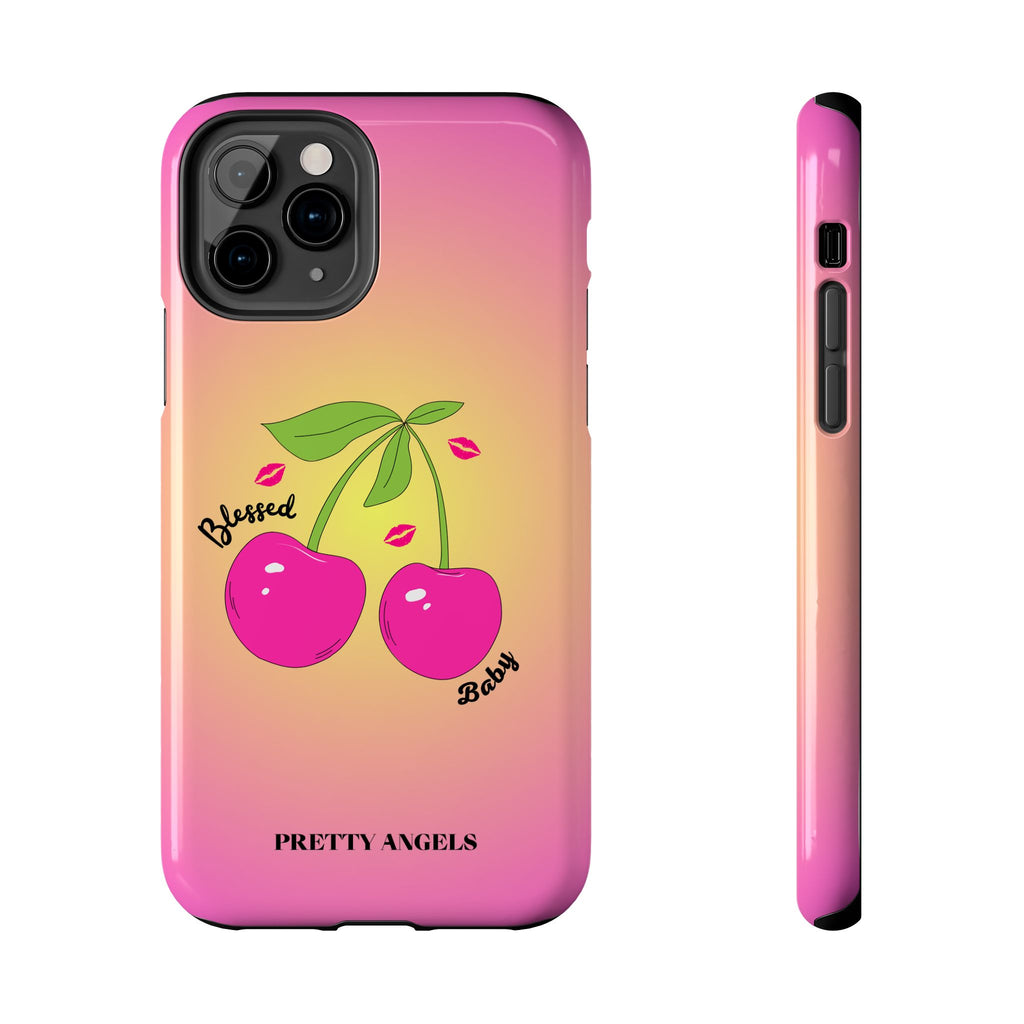 Blessed Baby Sunset Cherry Phone Case — Cute Hot Pink Cherry & Kisses