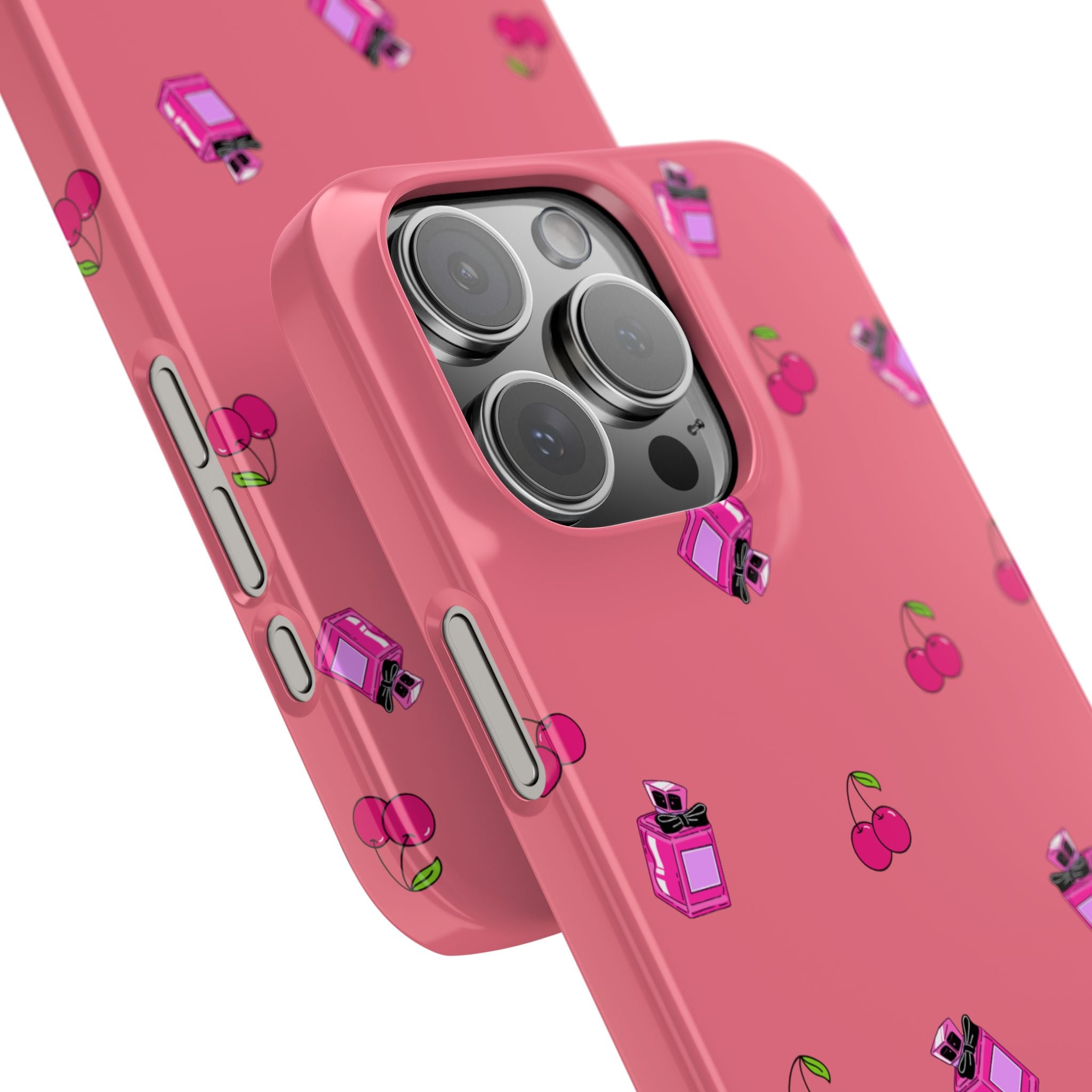 Pretty & Blessed Phone Case - Peachy Slim Cover with Hot Pink Cherry & Perfume Pattern Aesthetic for Girly Girls Who Love Cute & Pretty Vibes