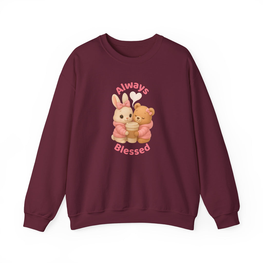 “Always Blessed” Cozy Sweatshirt – Cute Bunny & Teddy Bear in Pink Puffer Jackets Hugging a Coffee Cup | Aesthetic Girly Hoodie | Pretty Girl Cozy Gift | Winter Sweatshirt | Blessed Sweater