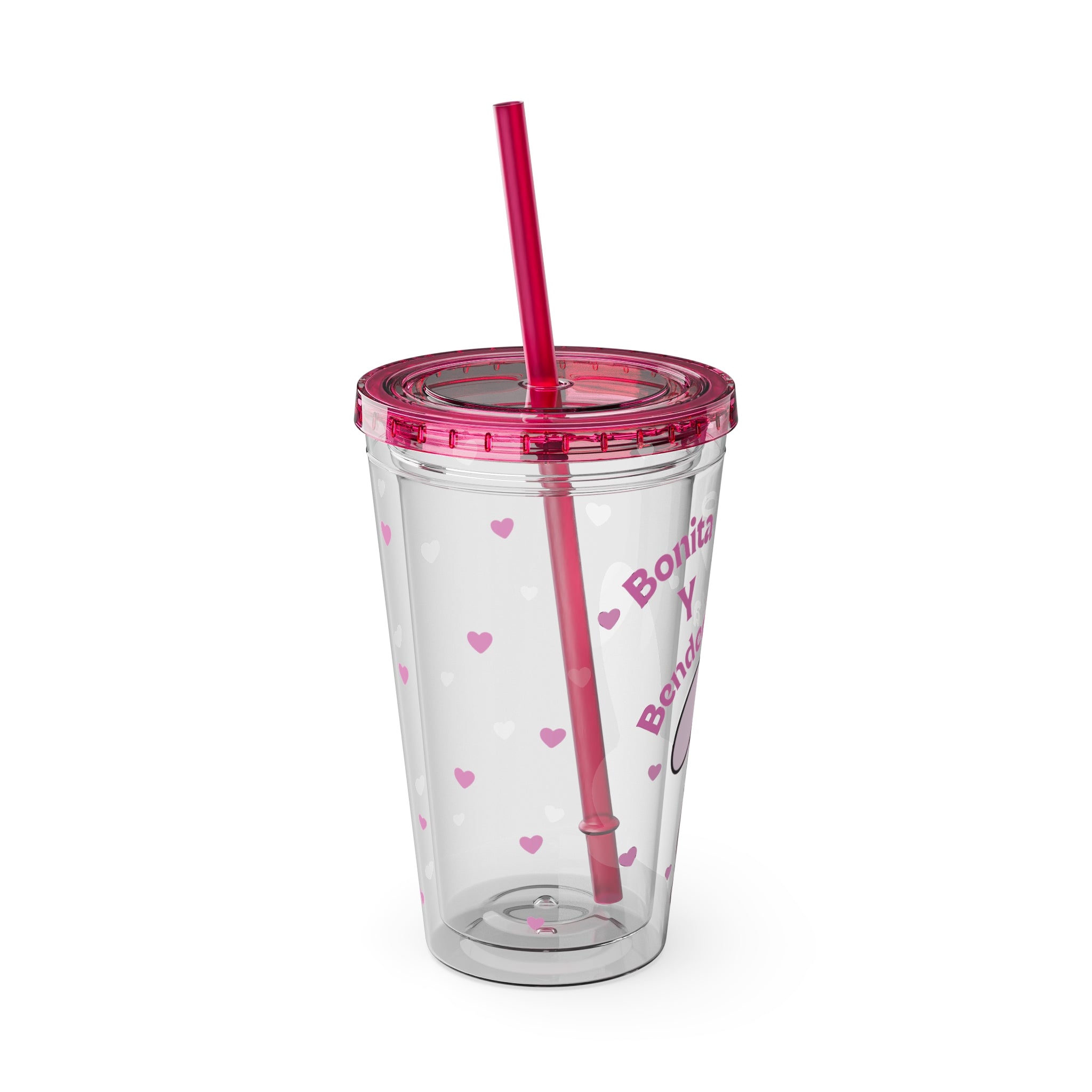 Bonita y Bendecida Tumbler - 16oz Clear Acrylic Cup with Pink Bunny Bow & Heart Patterns | Girly Faith Cup for Confident Latina Baddies
