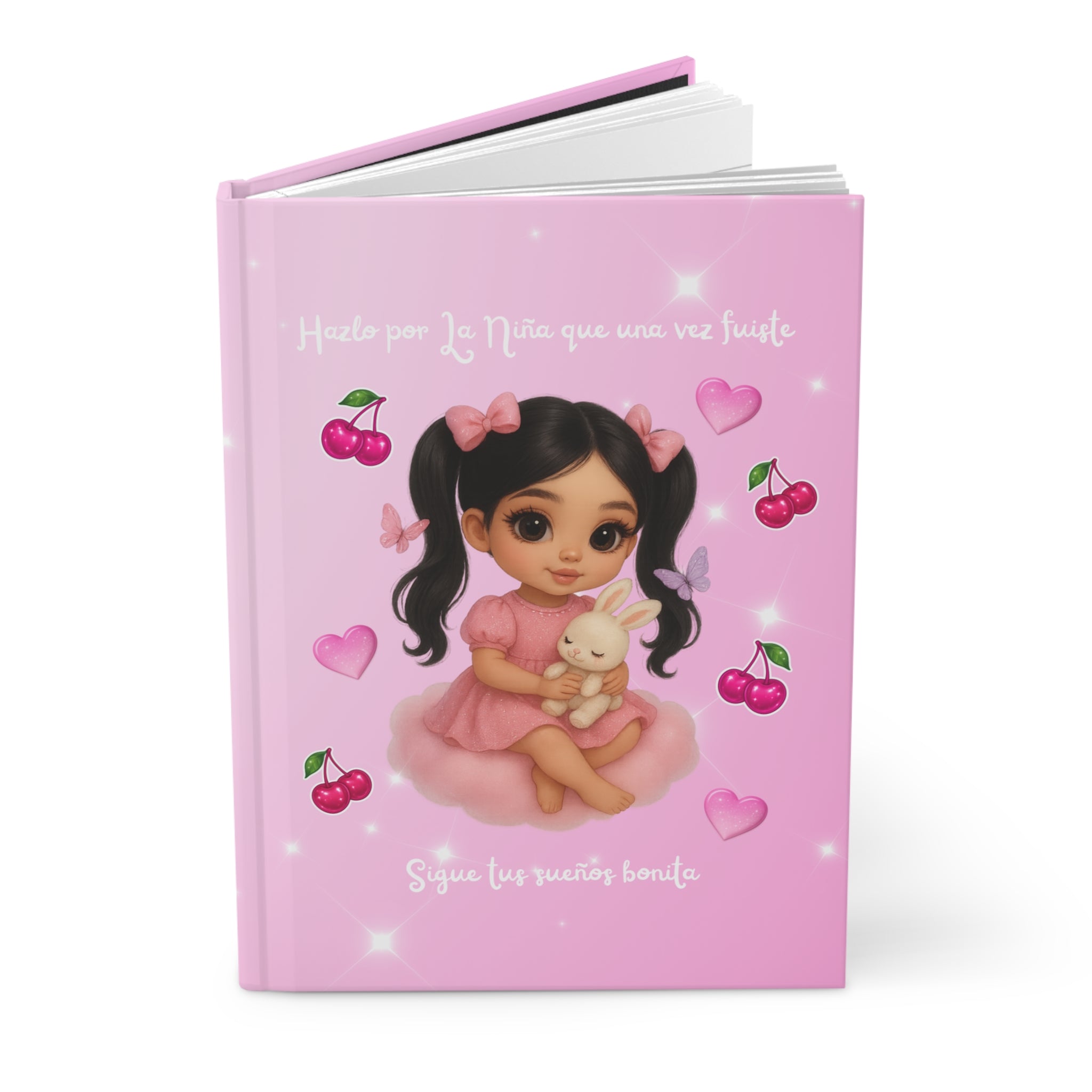 Pretty Angels Pink Hardcover Journal — "Sigue tus sueños bonita" Cute Girl Cherry Notebook