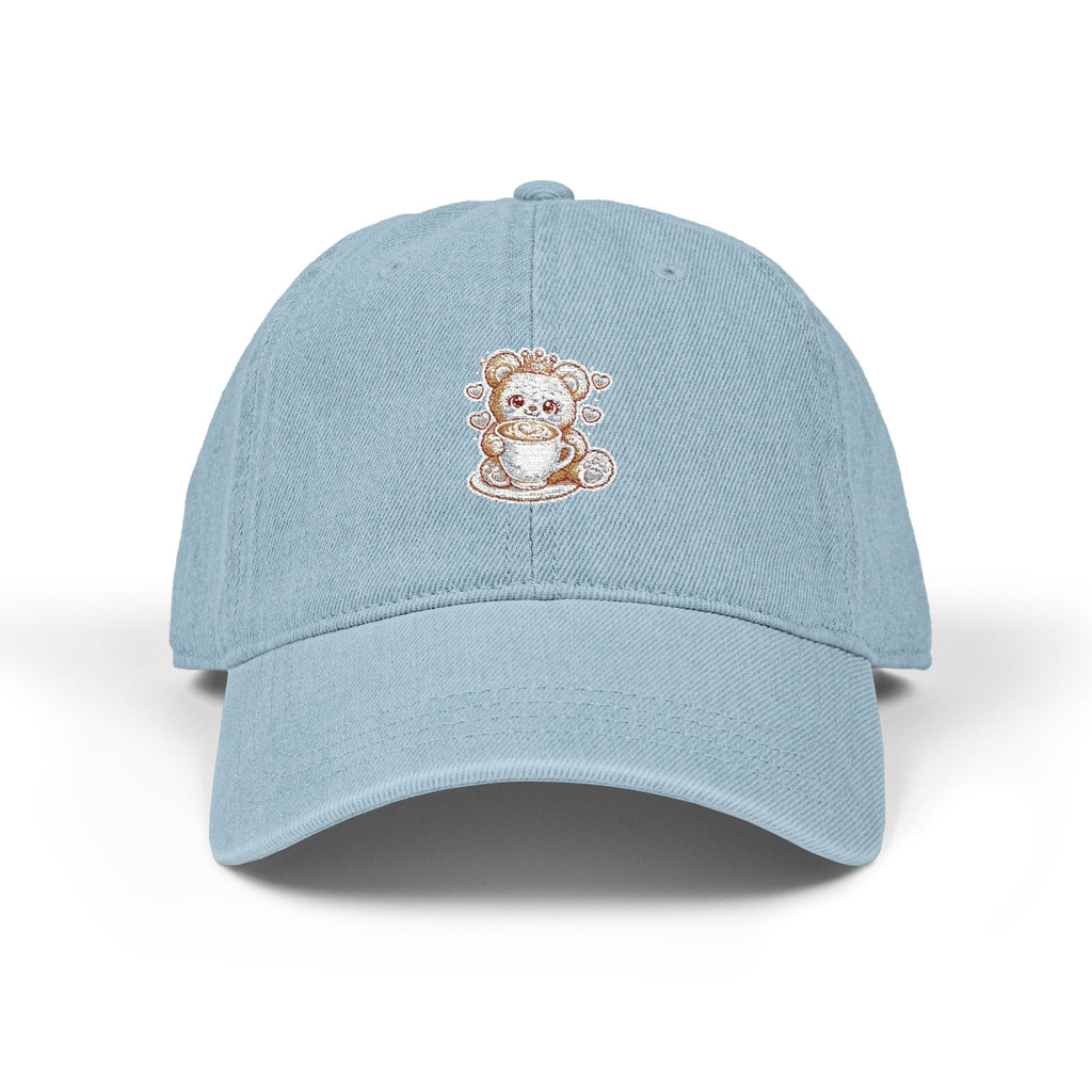 Brown Teddy Bear Crown Denim Hat — Embroidered Coffee Cup Design