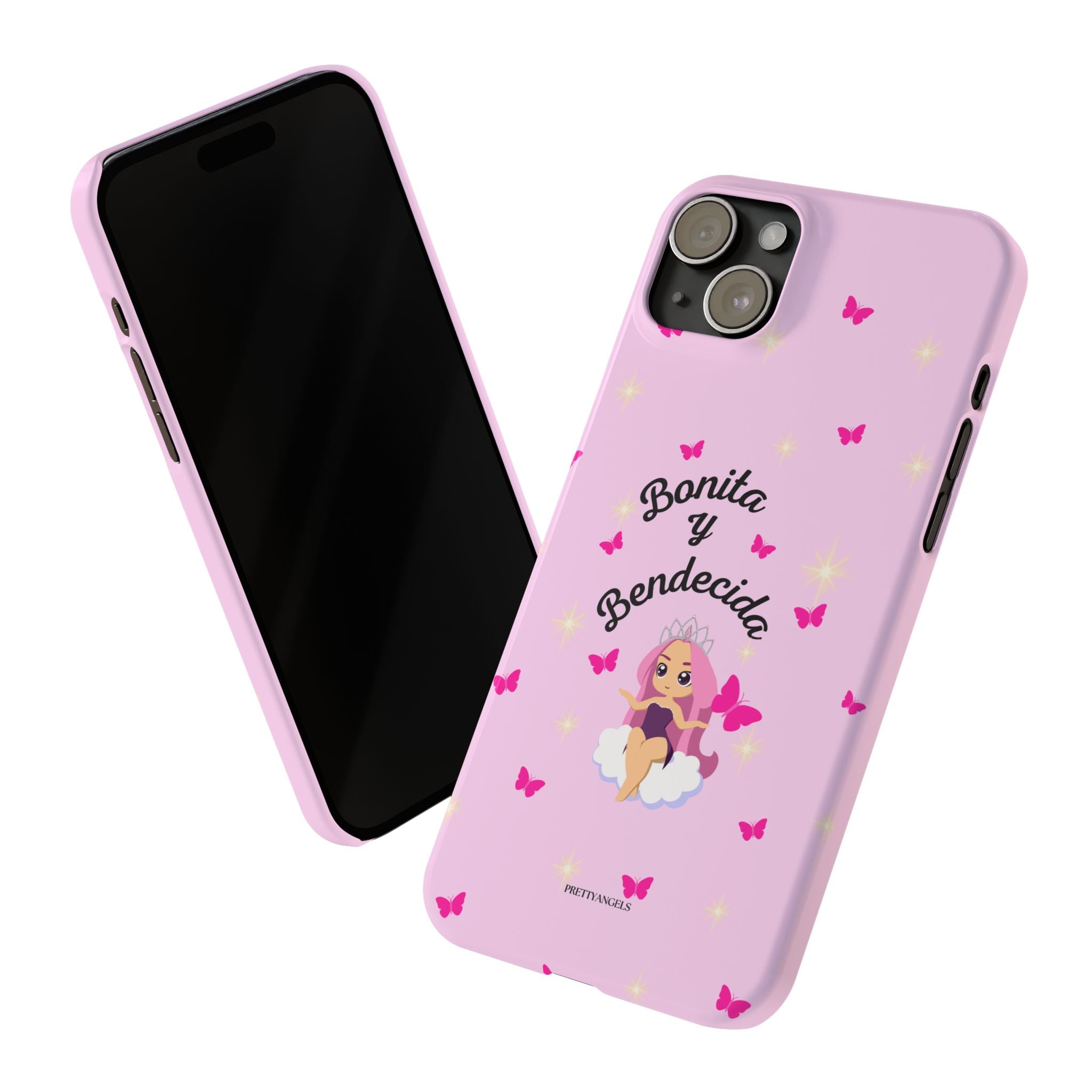 “Bonita y Bendecida Funda Rosa - Estuche Slim Protector con Muñeca Estilo Lisa Frank, Nubes y Mariposas Rosas”
