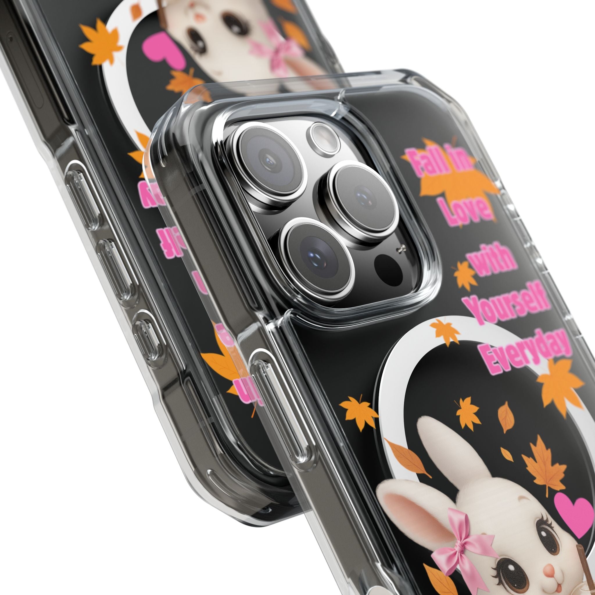 Fall in Love with Yourself Everyday – Cute White Bunny MagSafe iPhone Case with Hearts & Autumn Leaves, Luxury Aesthetic Clear Phone Cover