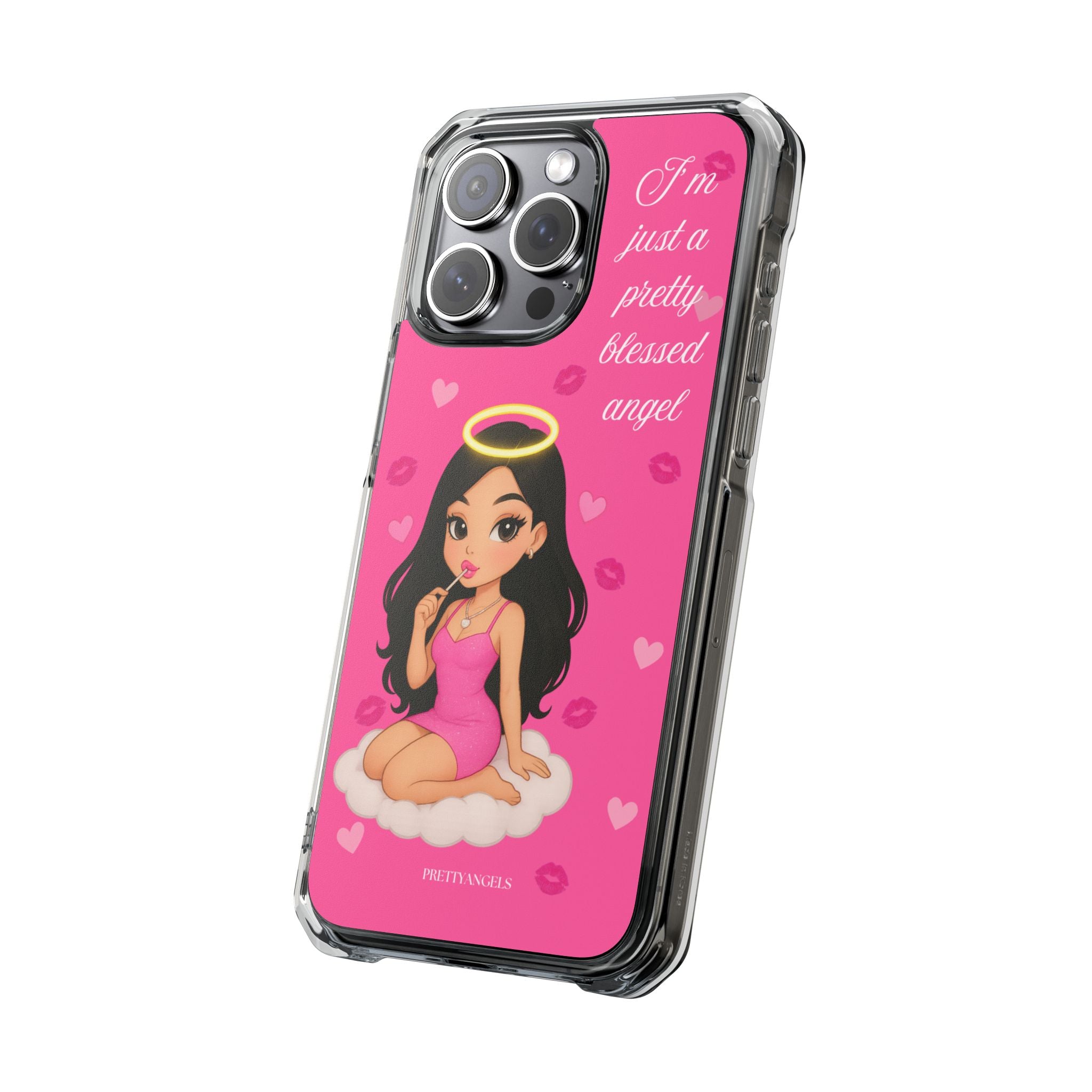 Pretty Blessed Angel MagSafe iPhone Case – Pink Baddie Doll on Cloud with Hearts & Lollipop | Shockproof Clear Cover