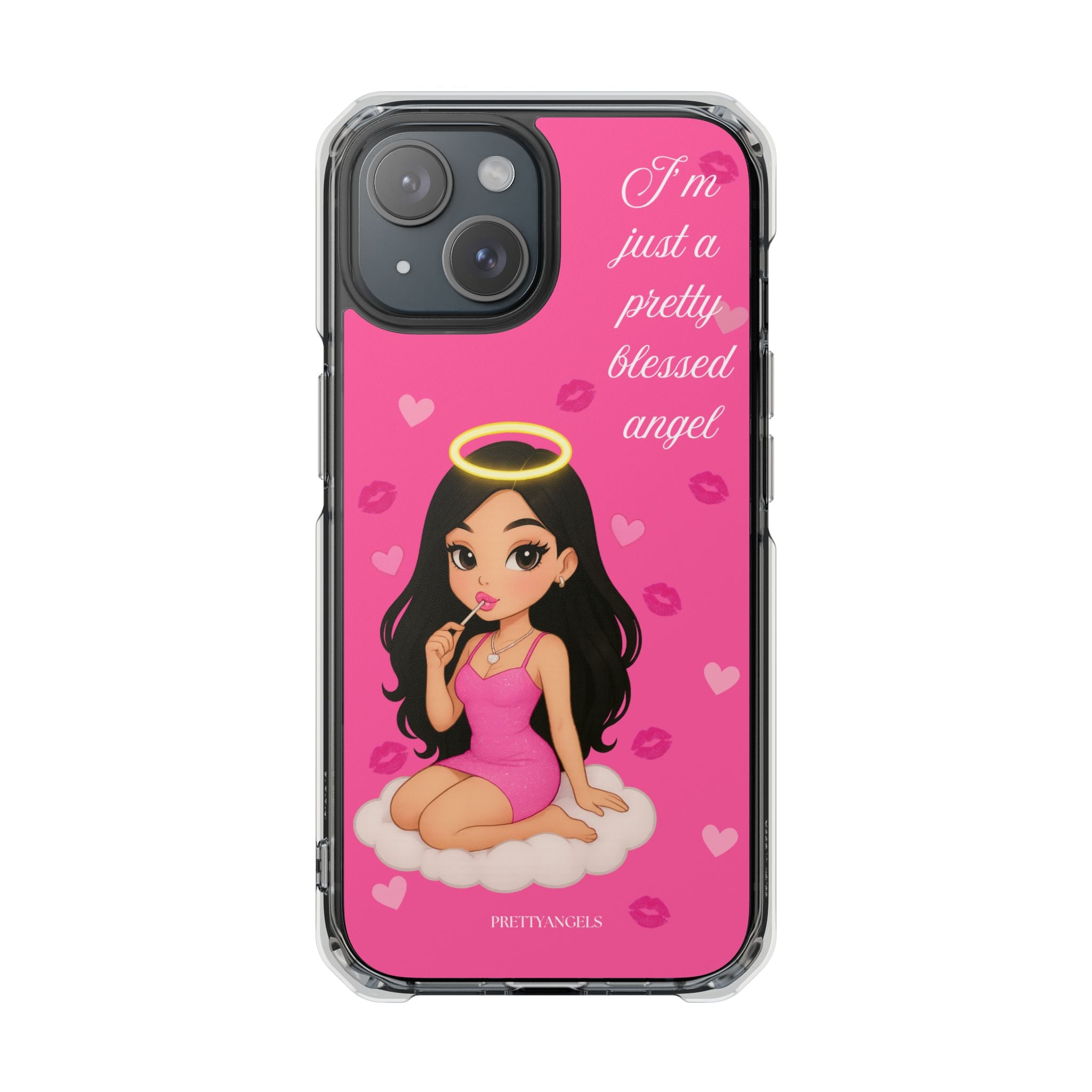Pretty Blessed Angel MagSafe iPhone Case – Pink Baddie Doll on Cloud with Hearts & Lollipop | Shockproof Clear Cover