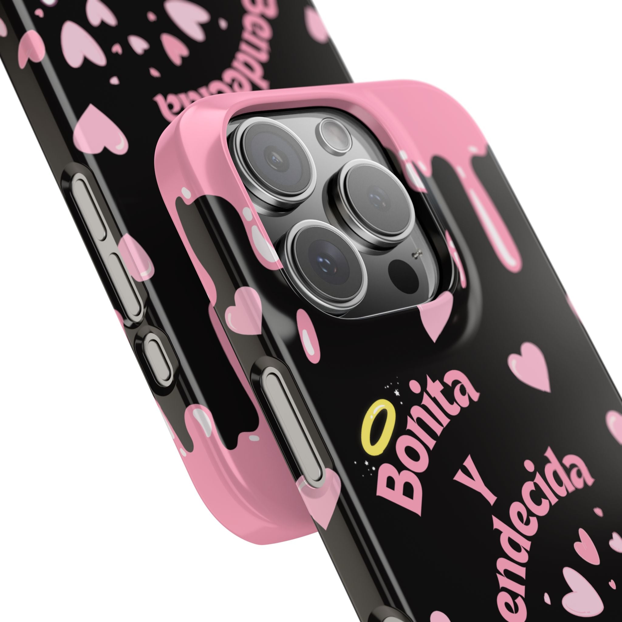 Bonita y Bendecida Phone Case - Black Slim Lightweight Cover with Pink Bunny Bow, Hearts & Drip Aesthetic for Stylish Latina Baddies