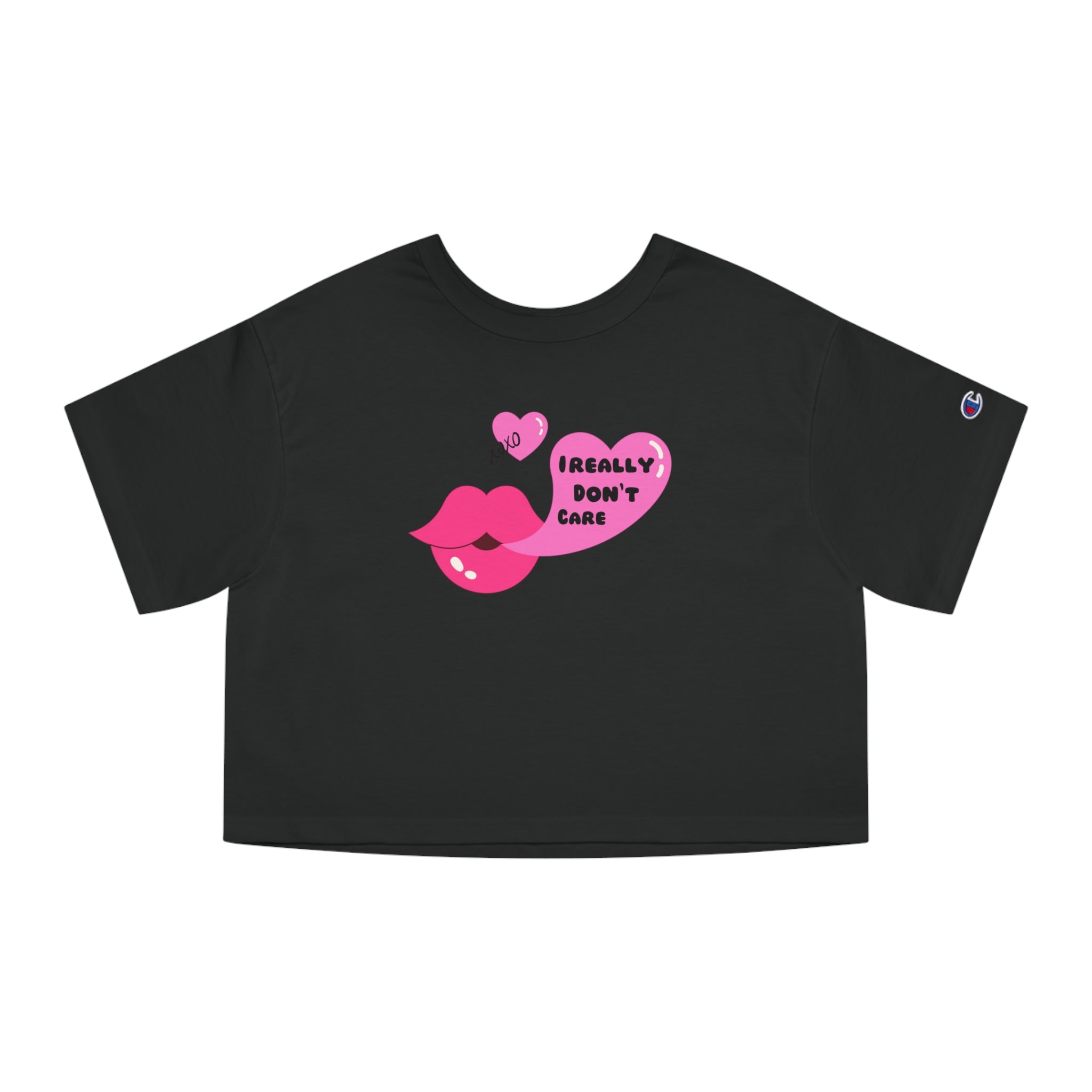 “I Really Don’t Care” Champion® Loose Cropped Tee – Hot Pink Kiss & XOXO Hearts Aesthetic for Baddie Girls