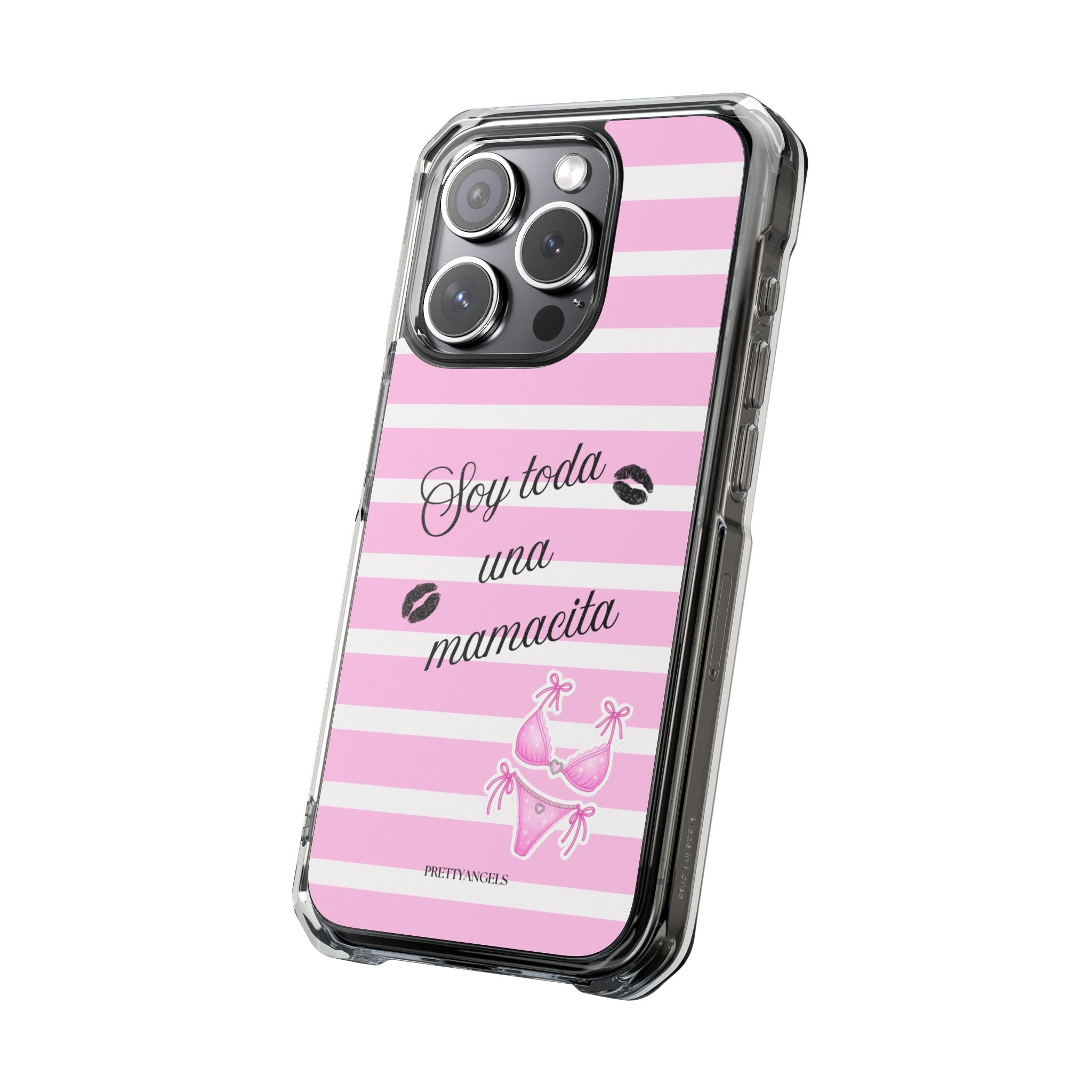 “Soy Toda Una Mamacita” MagSafe Clear Phone Case - Pink & White Striped | Latina Baddie Magnetic Impact Cover