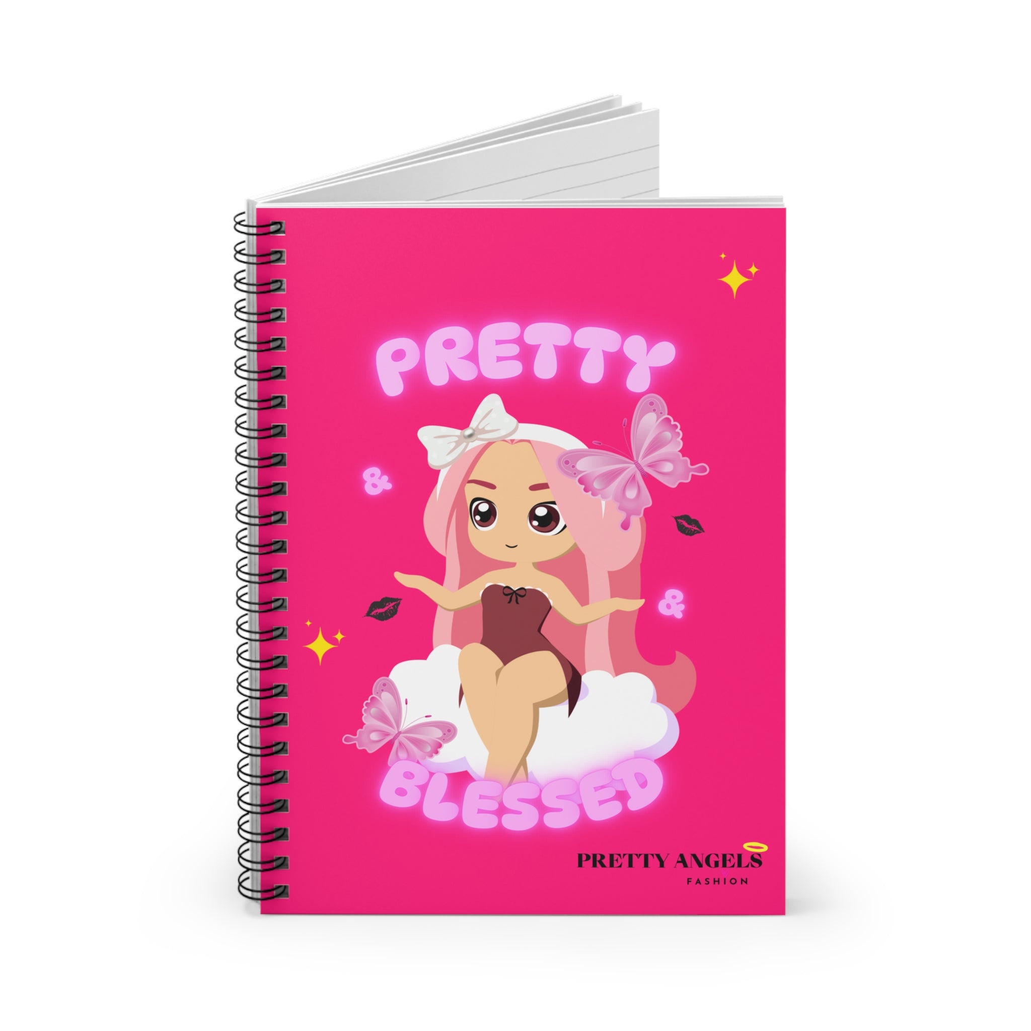 “Hot Pink Kawaii Notebook – Pretty & Blessed Pink Hair Doll Journal with Clouds, Butterflies & Kiss Prints | Karol G Inspired Aesthetic Spiral Notebook (6x8, 118 Pages)”