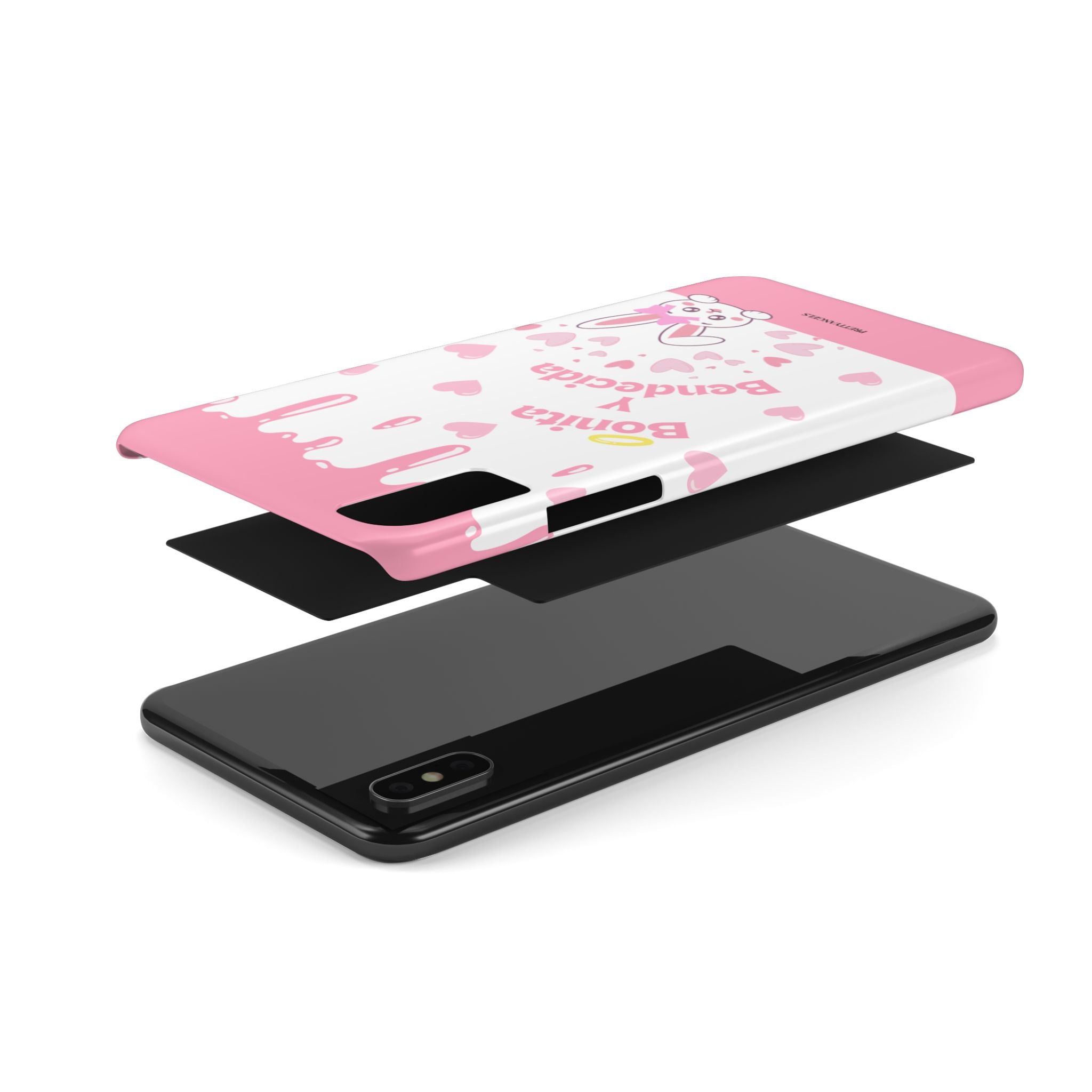 Bonita y Bendecida Phone Case - Slim Lightweight Pink Drip Cover with Bunny & Hearts for Stylish Latina Baddie Girls