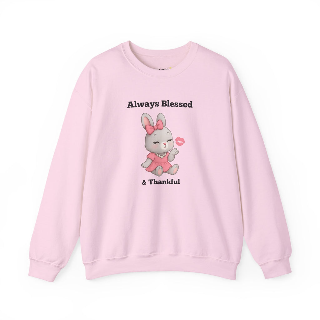 Always Blessed & Thankful™ Bunny Kiss Sweatshirt – Ethically Made Cozy Unisex Sweater for Pretty Girls (White, Sand, Light Pink, Heather Gray)
