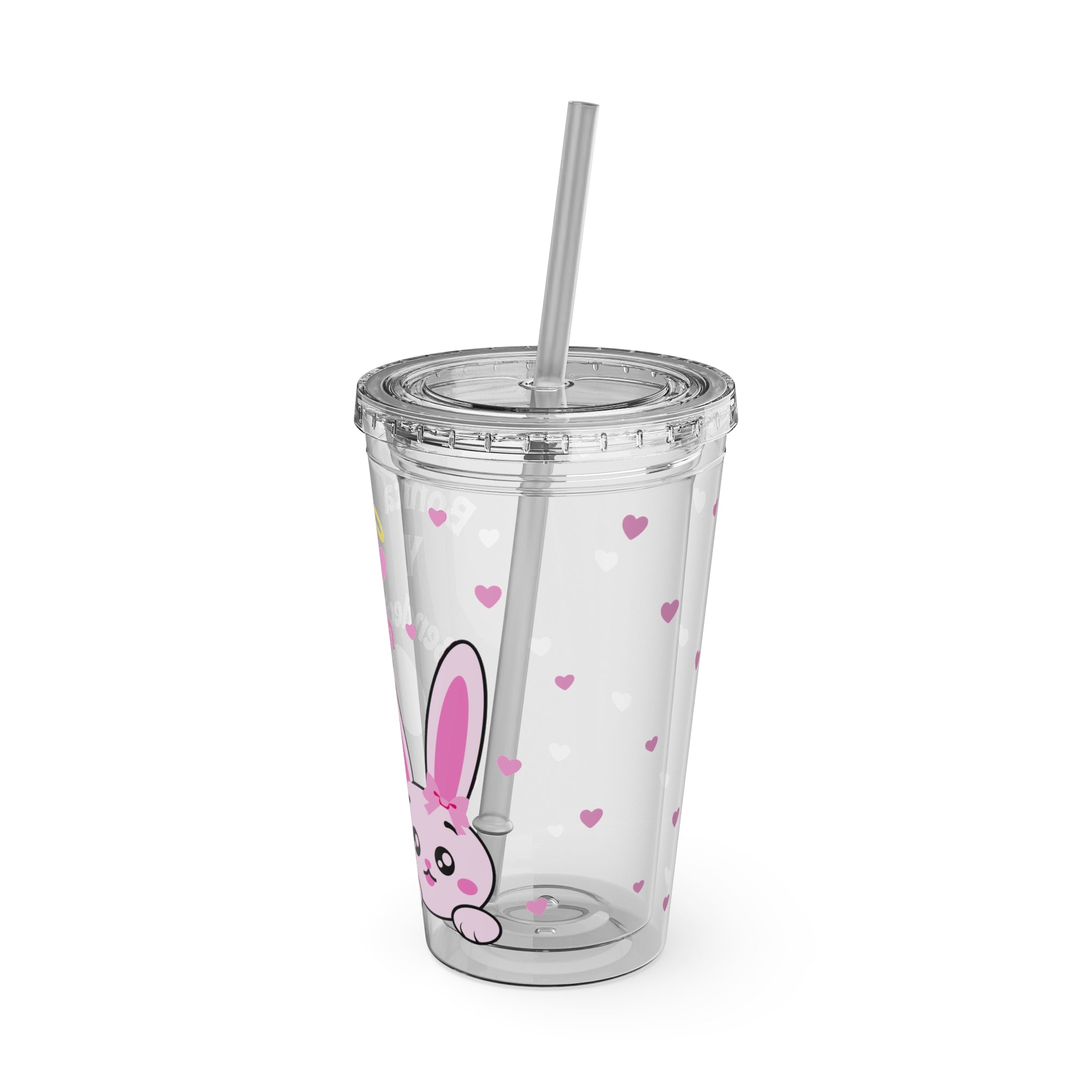 Bonita y Bendecida Tumbler - 16oz Clear Acrylic Cup with Pink Bunny Bow & Heart Patterns | Girly Faith Cup for Confident Latina Baddies