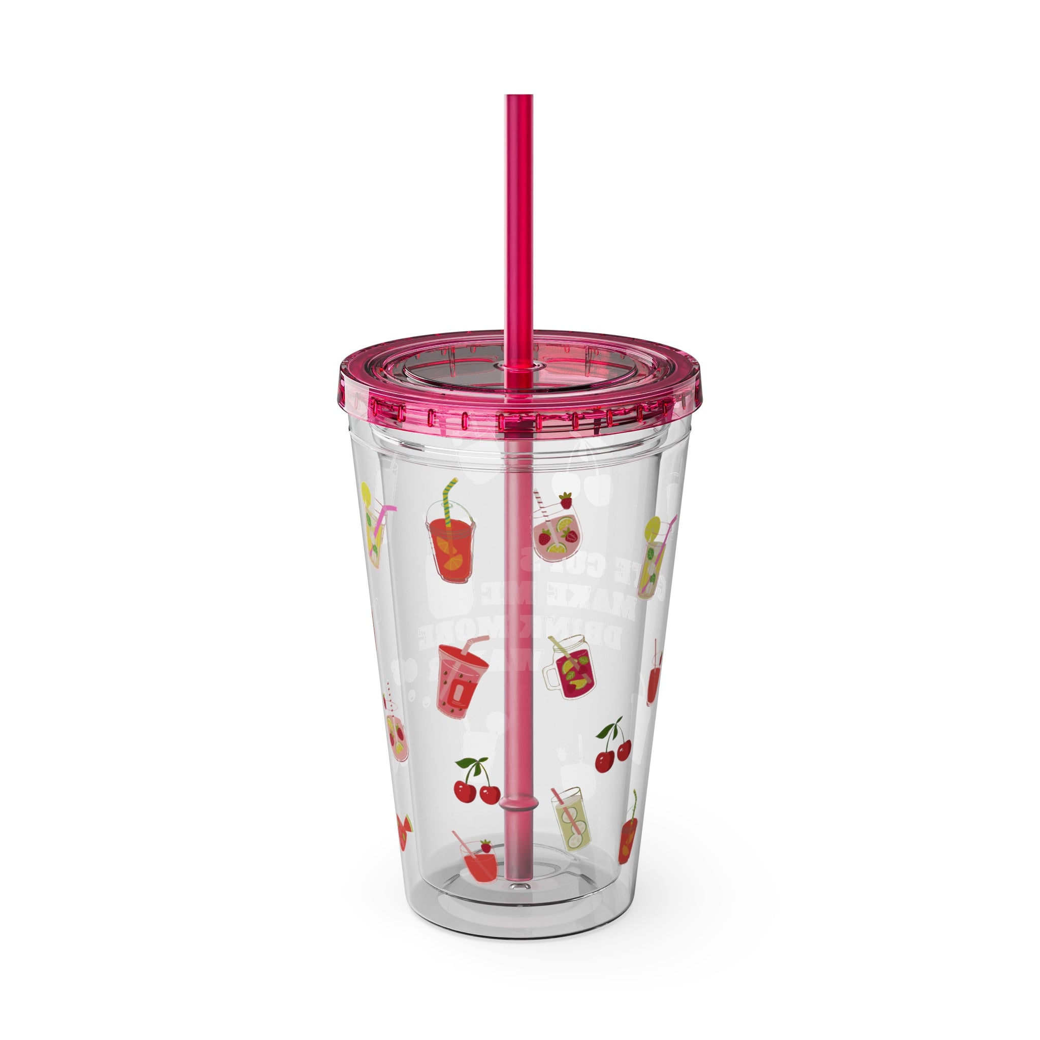 Clear “Cute Cups Make Me Drink More Water” Tumbler - 16oz Acrylic Cup with Lid & Straw | Aesthetic Lemonade, Cherry & Water Drink Patterns for Pretty Girls | Soft Girl Tumbler