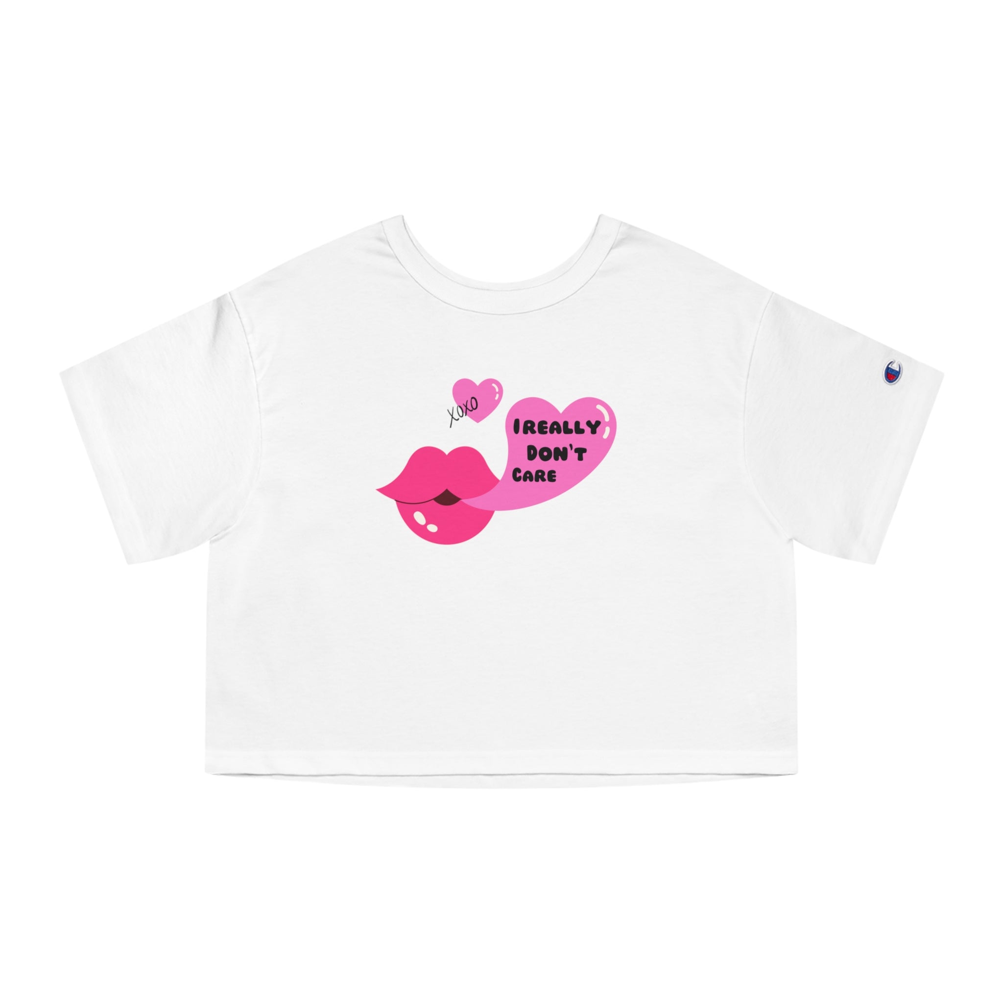 “I Really Don’t Care” Champion® Loose Cropped Tee – Hot Pink Kiss & XOXO Hearts Aesthetic for Baddie Girls