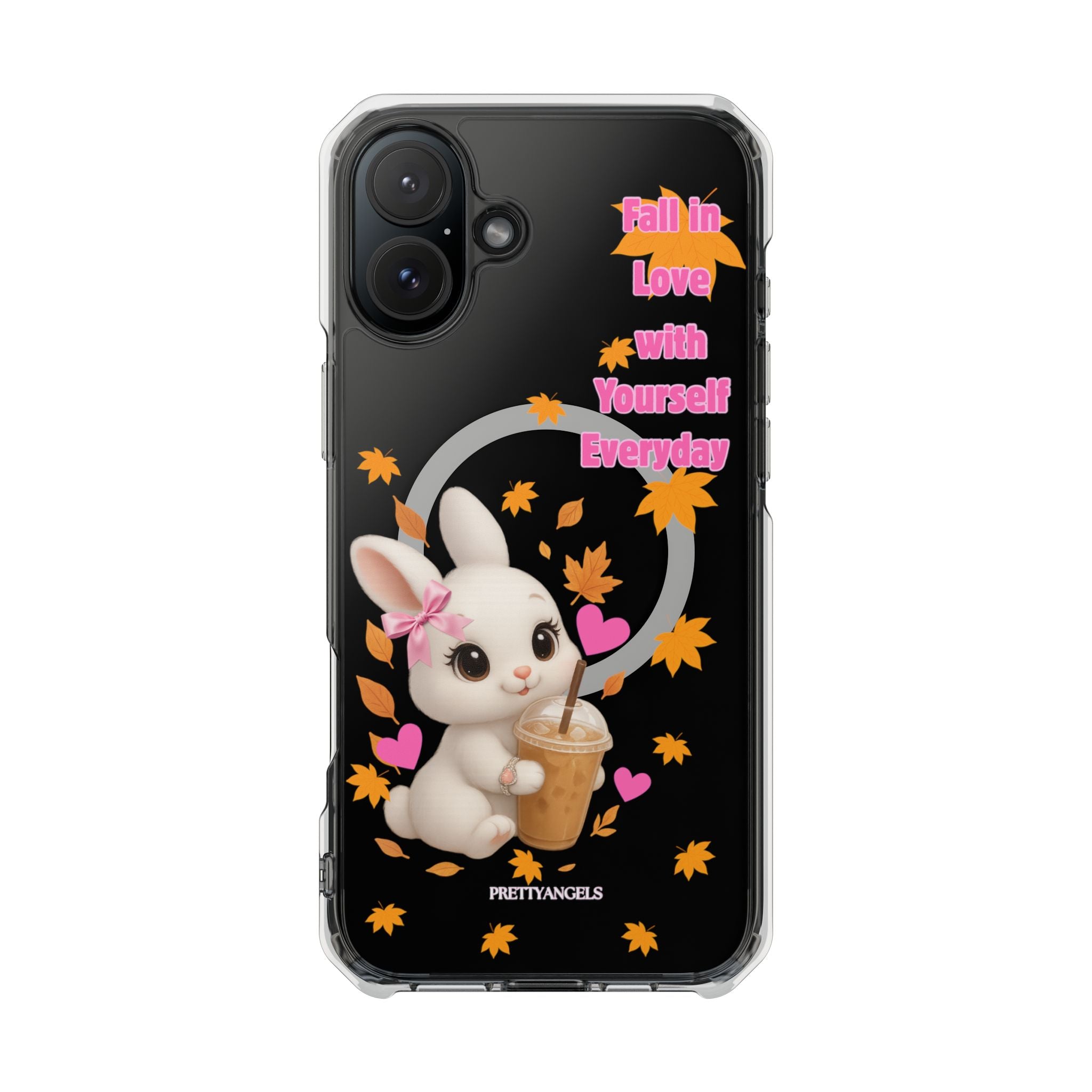 Fall in Love with Yourself Everyday – Cute White Bunny MagSafe iPhone Case with Hearts & Autumn Leaves, Luxury Aesthetic Clear Phone Cover