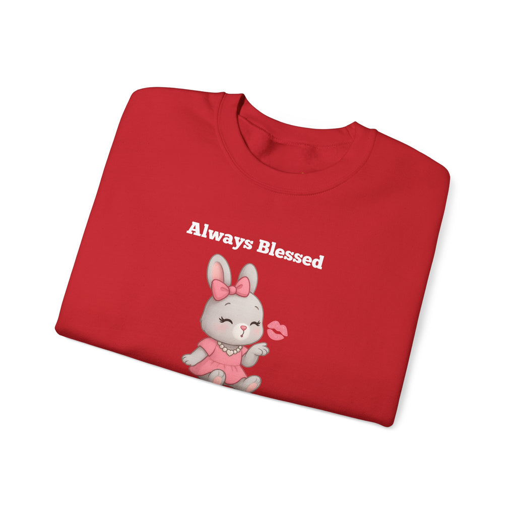 Always Blessed & Thankful™ Bunny Kiss Sweatshirt – Luxe Unisex Cozy Graphic Sweater for Pretty Girls (Black, Maroon, Light Blue, Heliconia, Red)