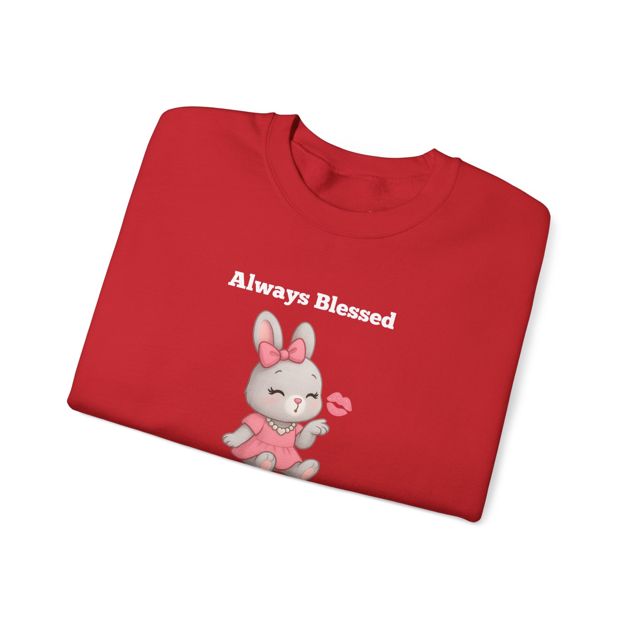 Always Blessed & Thankful™ Bunny Kiss Sweatshirt – Luxe Unisex Cozy Graphic Sweater for Pretty Girls (Black, Maroon, Light Blue, Heliconia, Red)