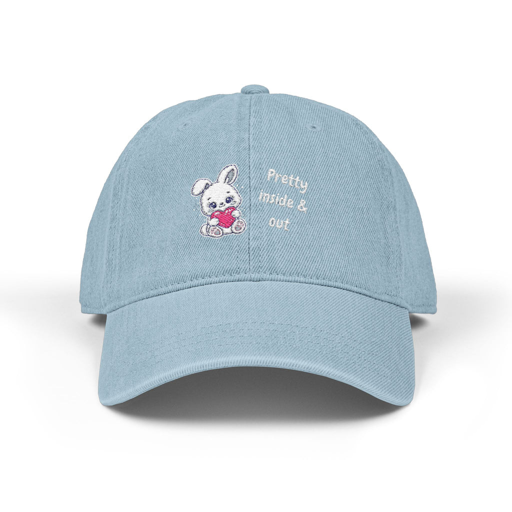 Denim Hat — Embroidered 'Pretty Inside & Out' Baby Bunny Heart