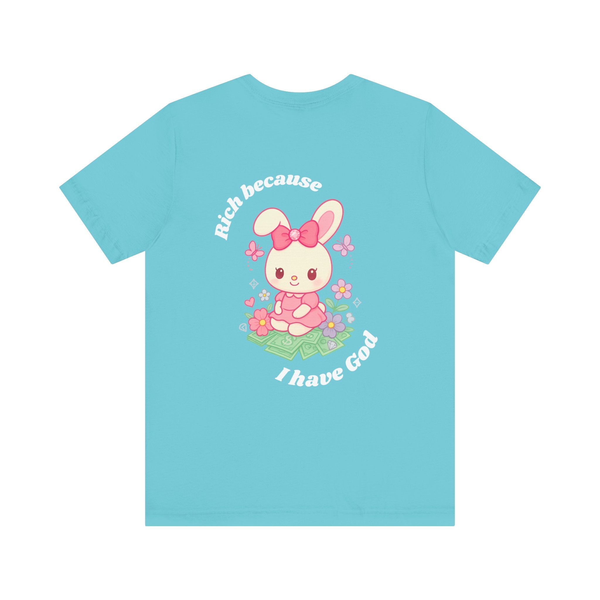 “Rich Because I Have God” Oversized (Back) Bunny Graphic Tee – Luxury Baggy T-Shirt (Black, Heather Mint, Turquoise, Pink)