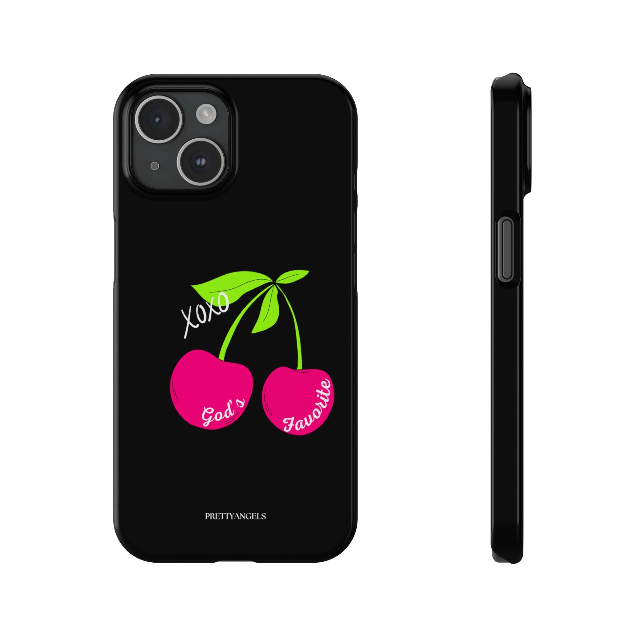 “God’s Favorite Black Slim Phone Case - Lightweight Protective Cover with Hot Pink Cherries for Rich Blessed Baddies”